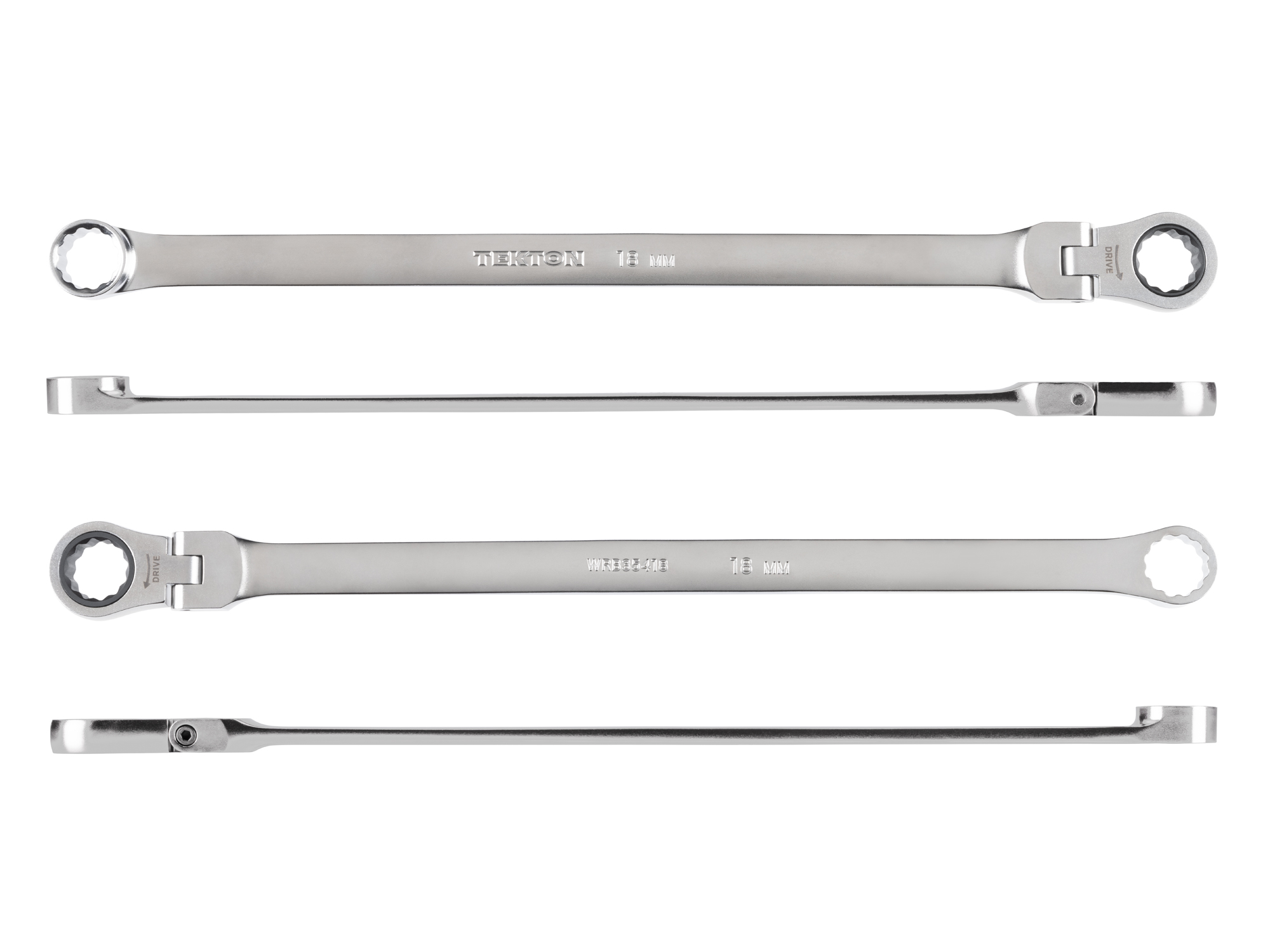 Side view of Tekton 18 millimeter ratcheting box end wrench set. Item #WRB35418