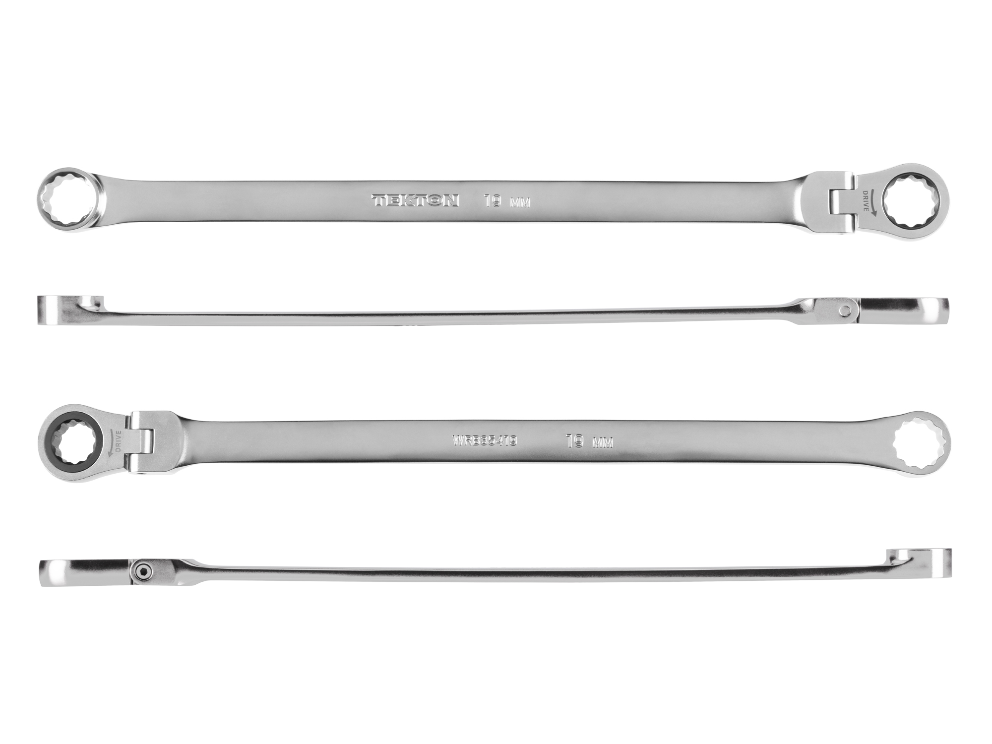 Side view of Tekton 19 millimeter ratcheting box end wrench set. Item #WRB35419
