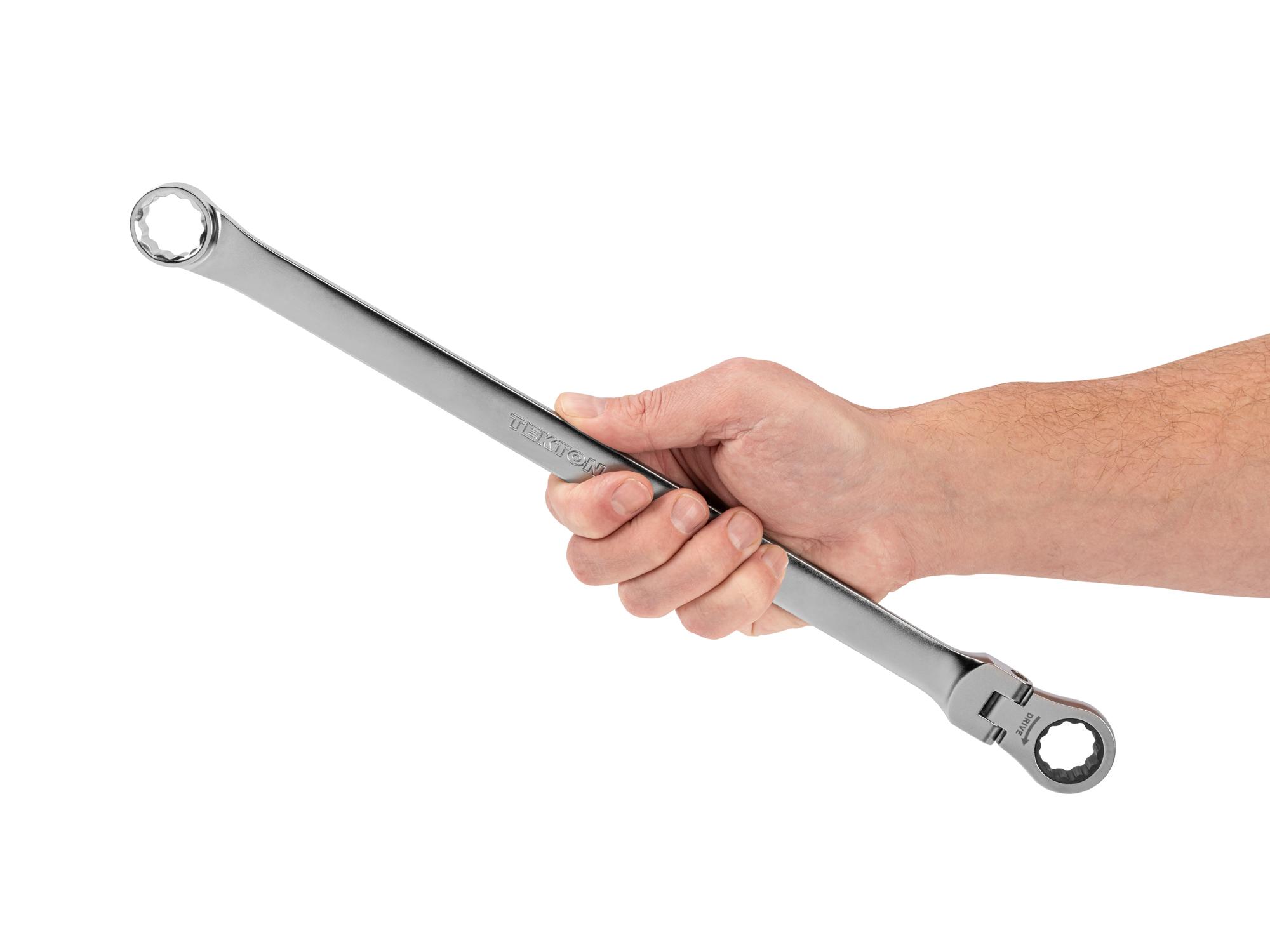 Person holding Tekton ratcheting box end wrench. Item #WRB35419