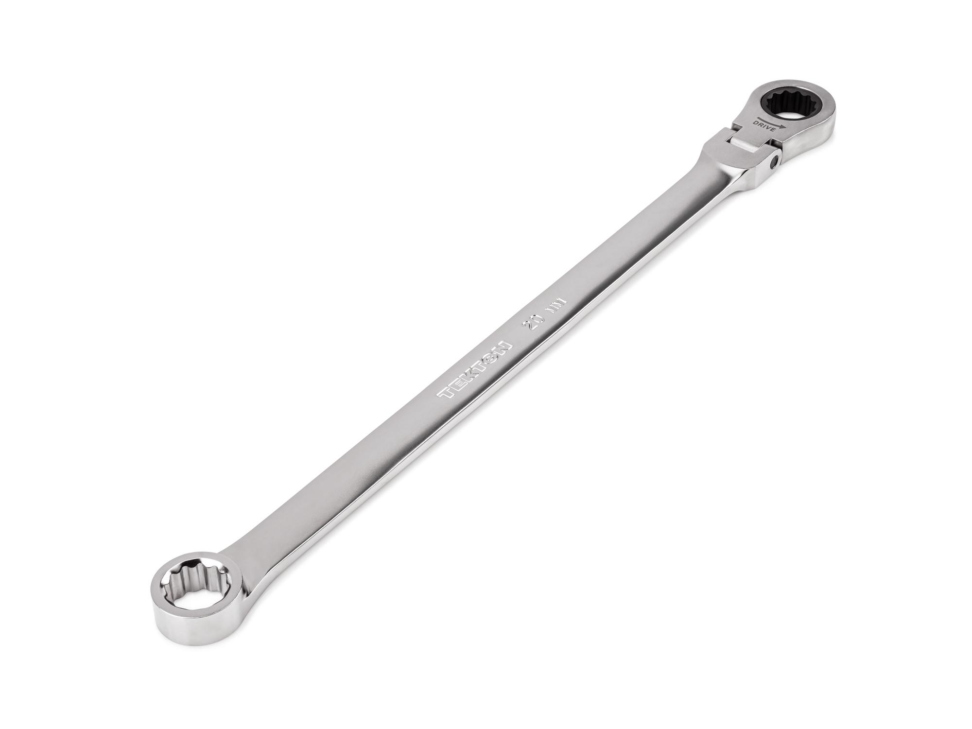 Front-right angle view of Tekton ratcheting box end wrench. Item #WRB35420