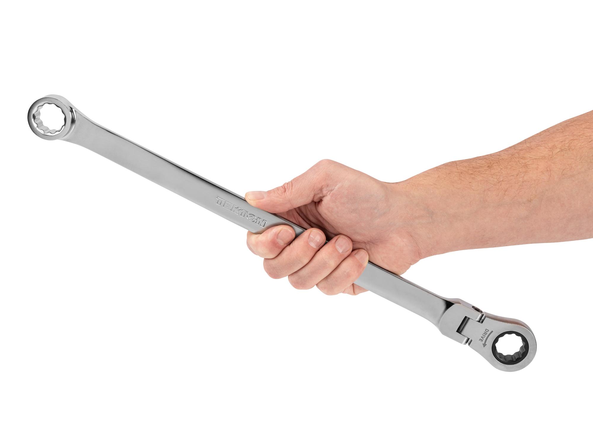 Person holding Tekton ratcheting box end wrench. Item #WRB35420