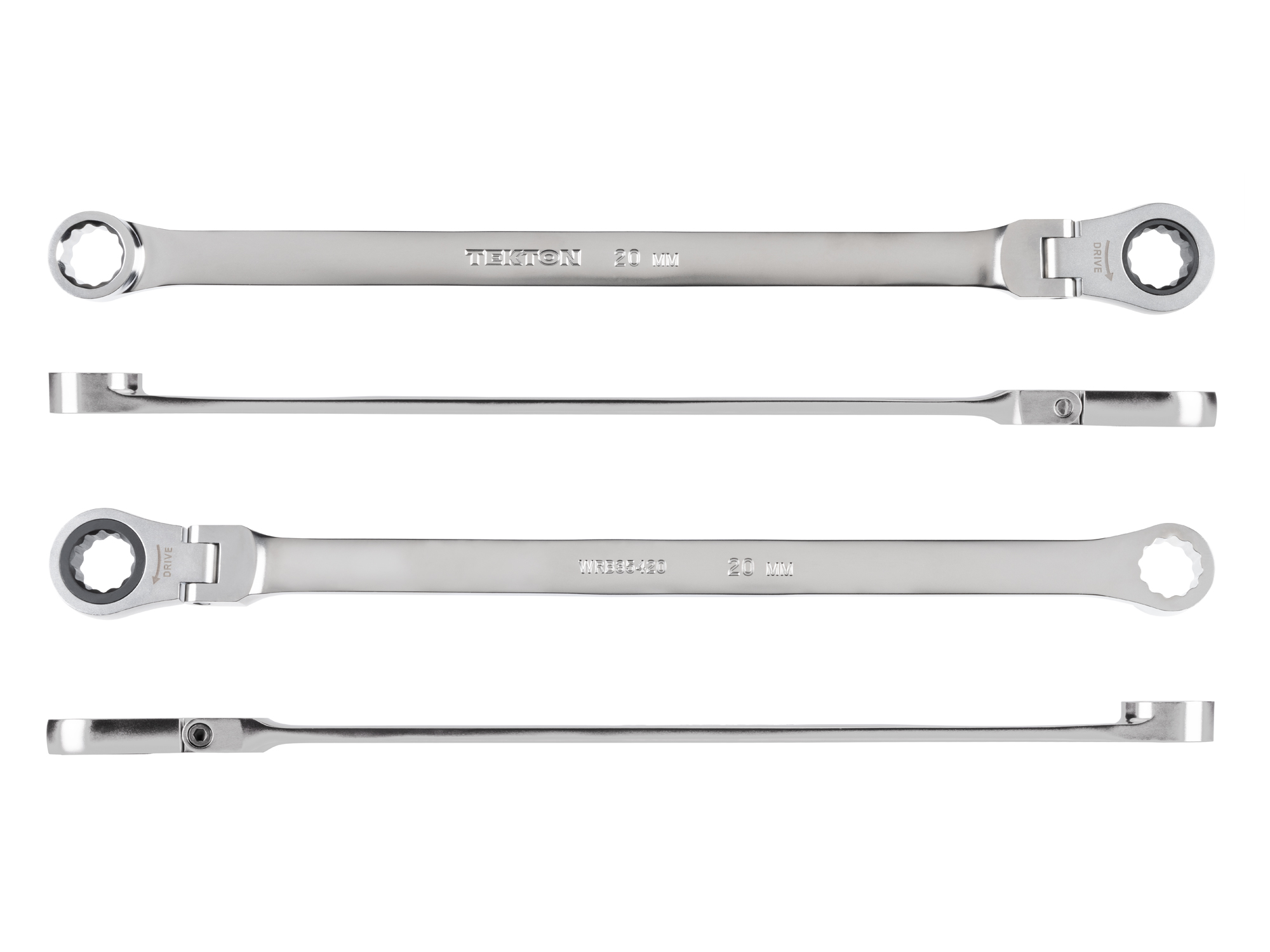 Side view of Tekton 20 millimeter ratcheting box end wrench set. Item #WRB35420