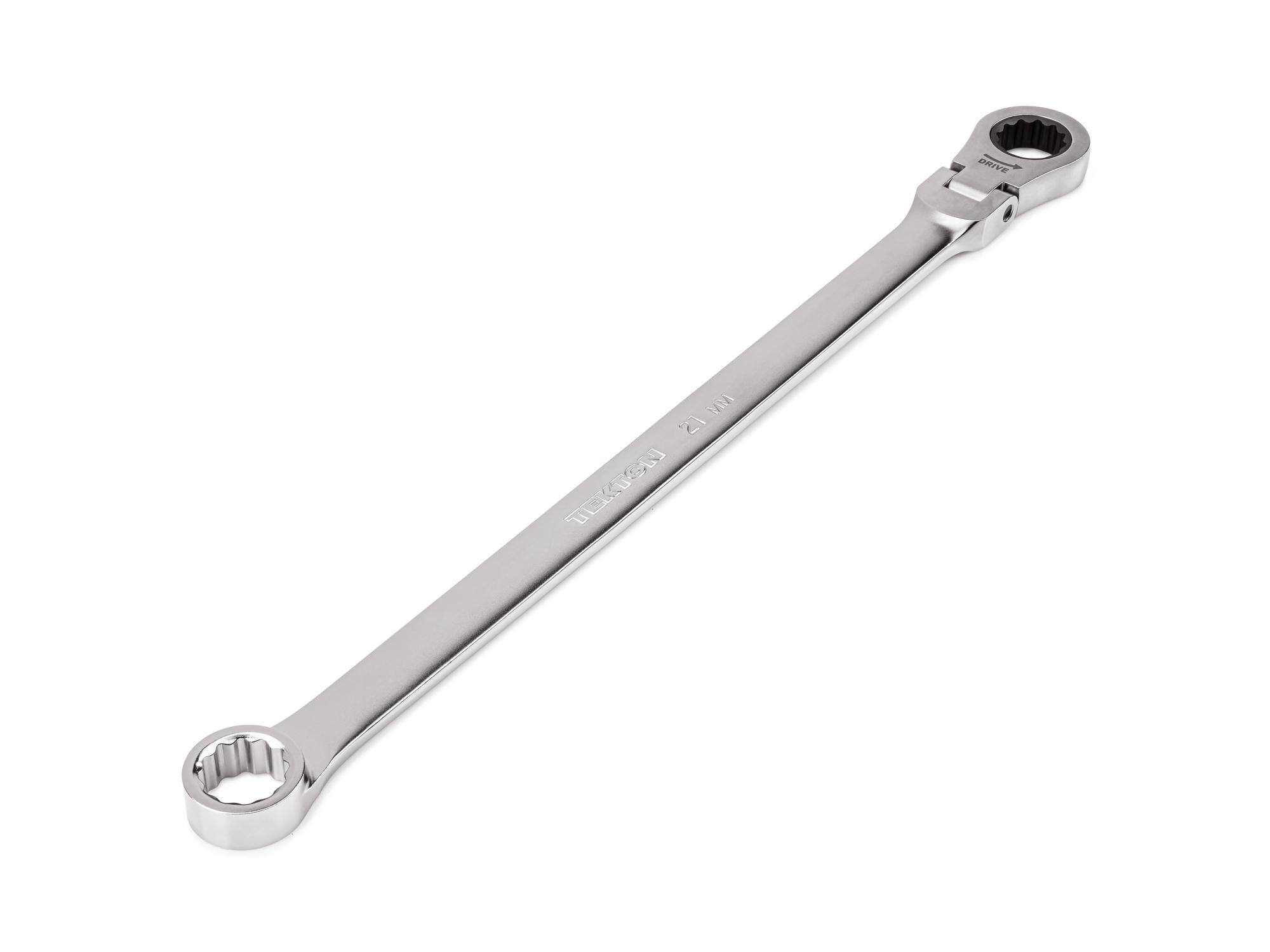 Front-right angle view of Tekton ratcheting box end wrench. Item #WRB35421