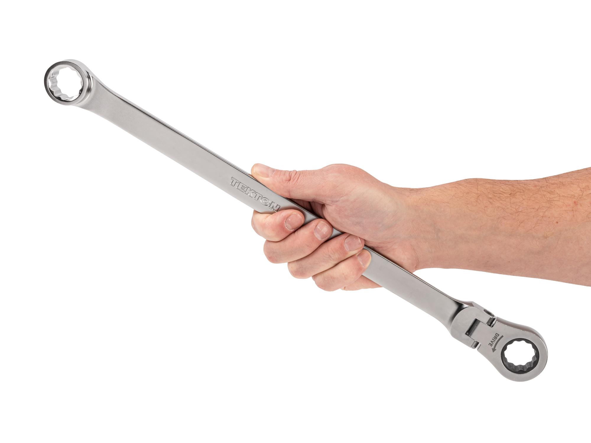 Person holding Tekton ratcheting box end wrench. Item #WRB35421