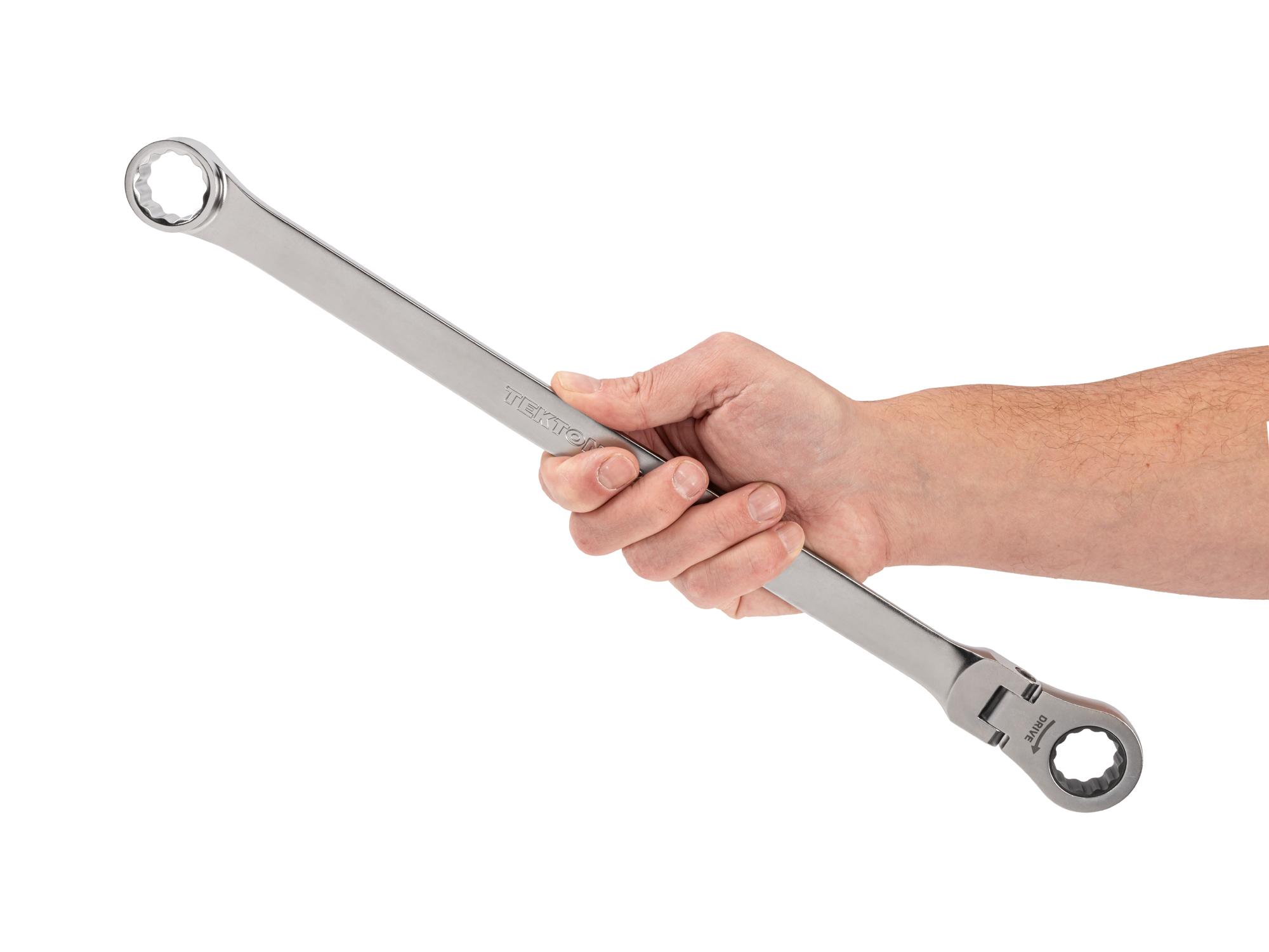 Person holding Tekton ratcheting box end wrench. Item #WRB35422