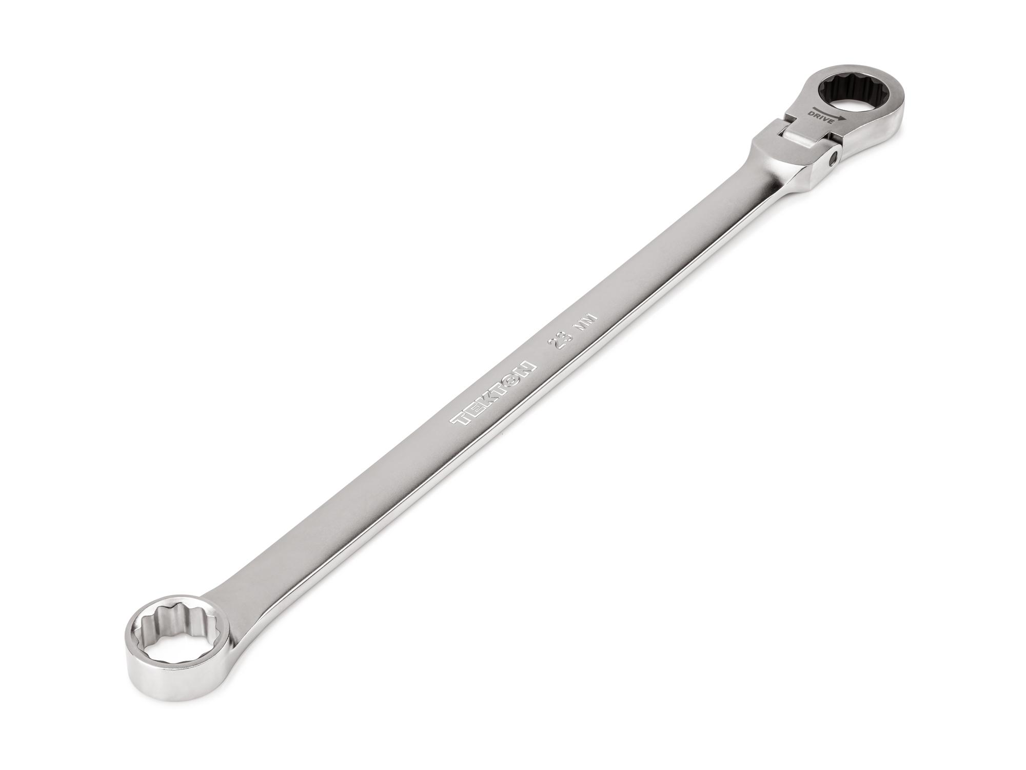 Front-right angle view of Tekton ratcheting box end wrench. Item #WRB35423