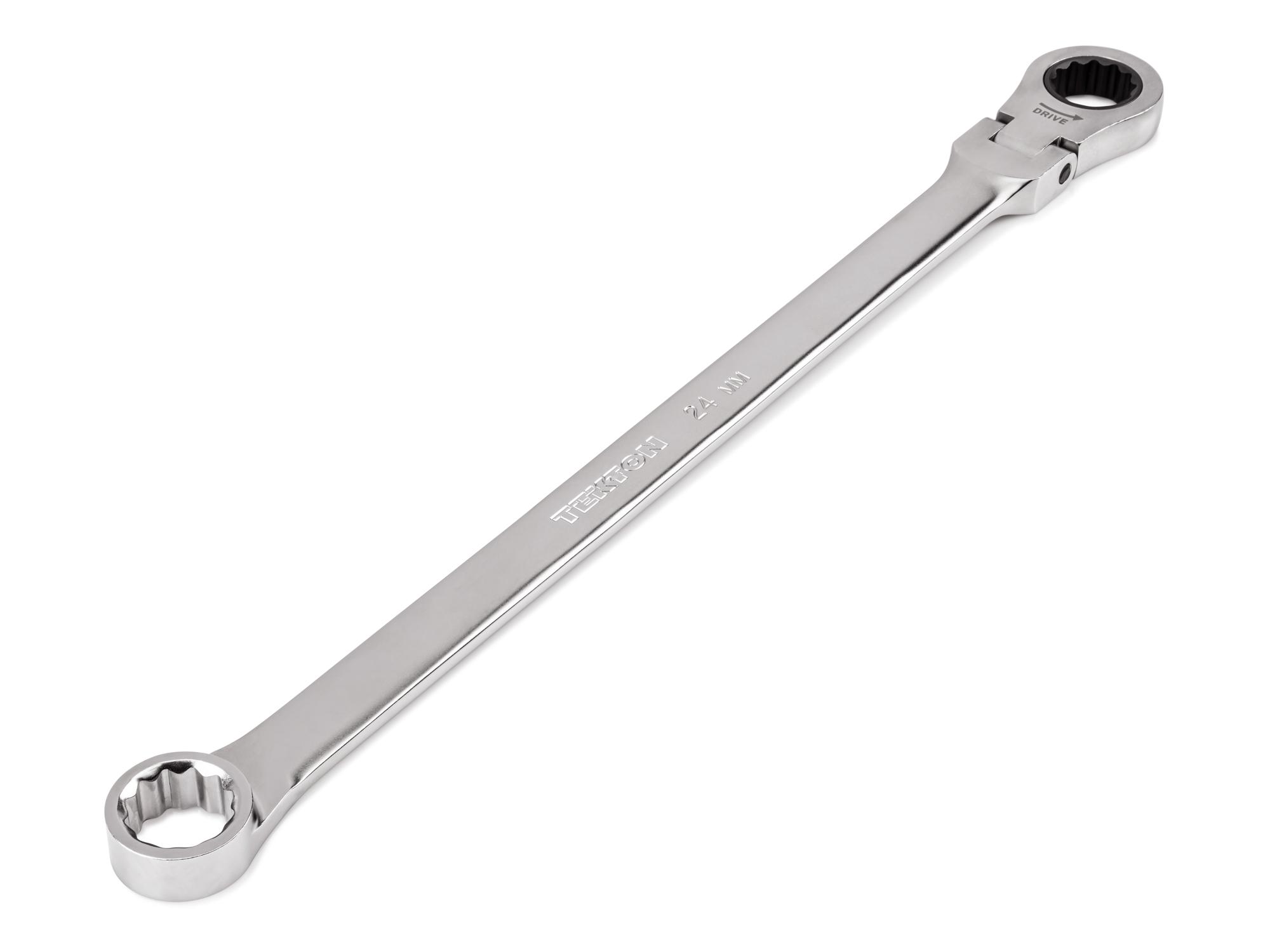 Front-right angle view of Tekton ratcheting box end wrench. Item #WRB35424