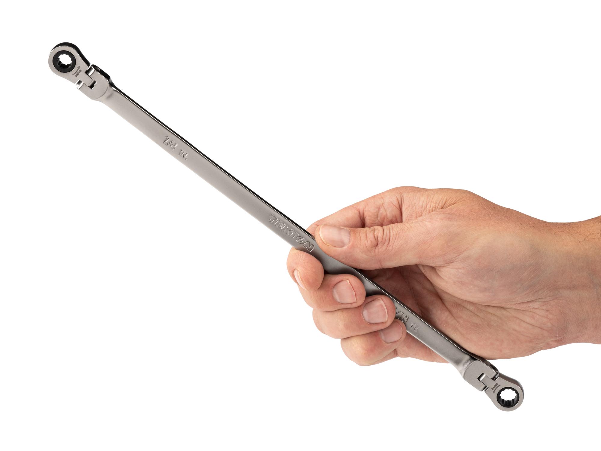 Person holding Tekton ratcheting box end wrench. Item #WRB36306