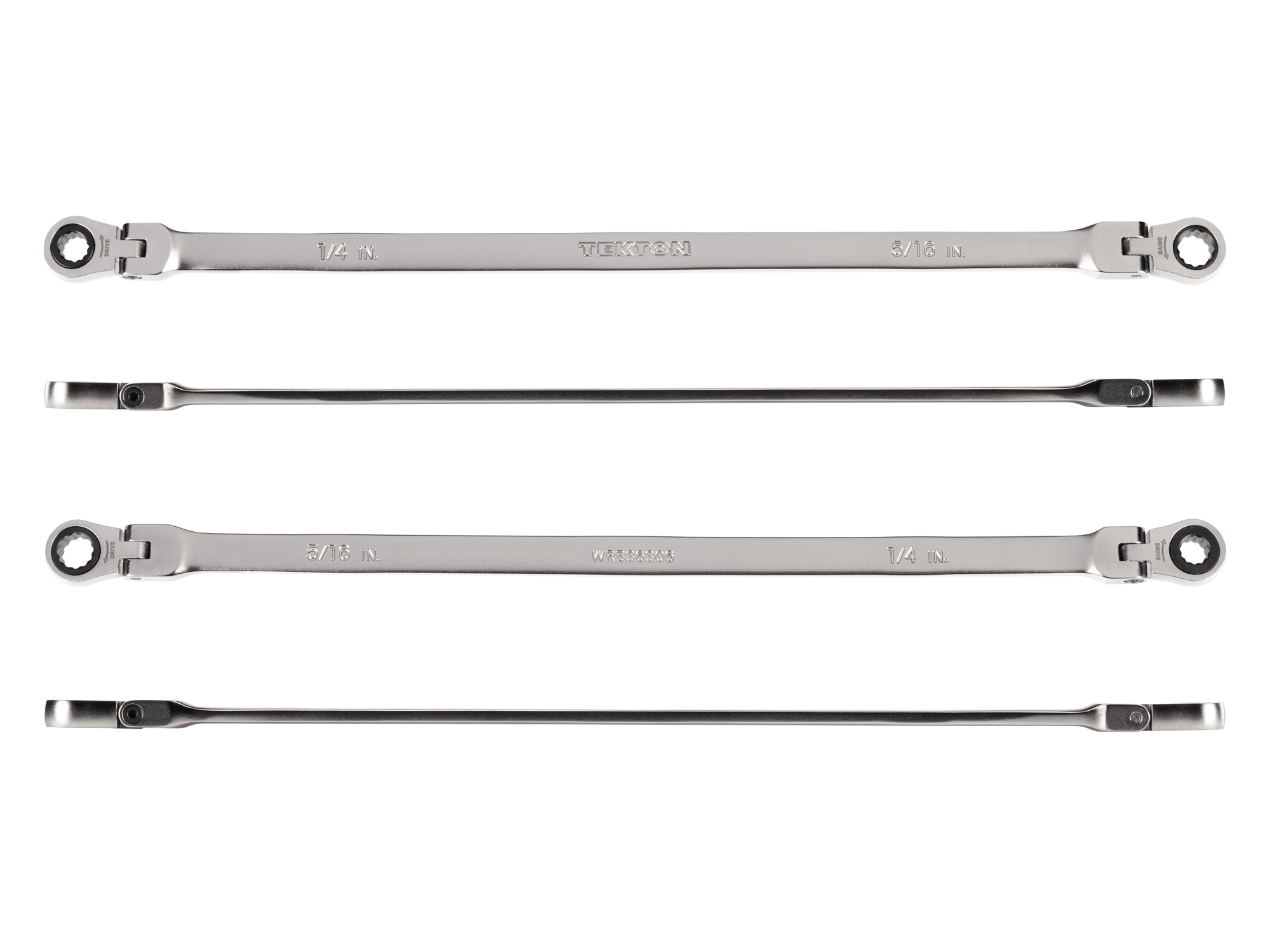 Individual double box end ratcheting wrench. Two 12-point box ends flex 180 degrees and use a 72-tooth ratchet gear. Smooth, satin chrome finish. WRB36306.