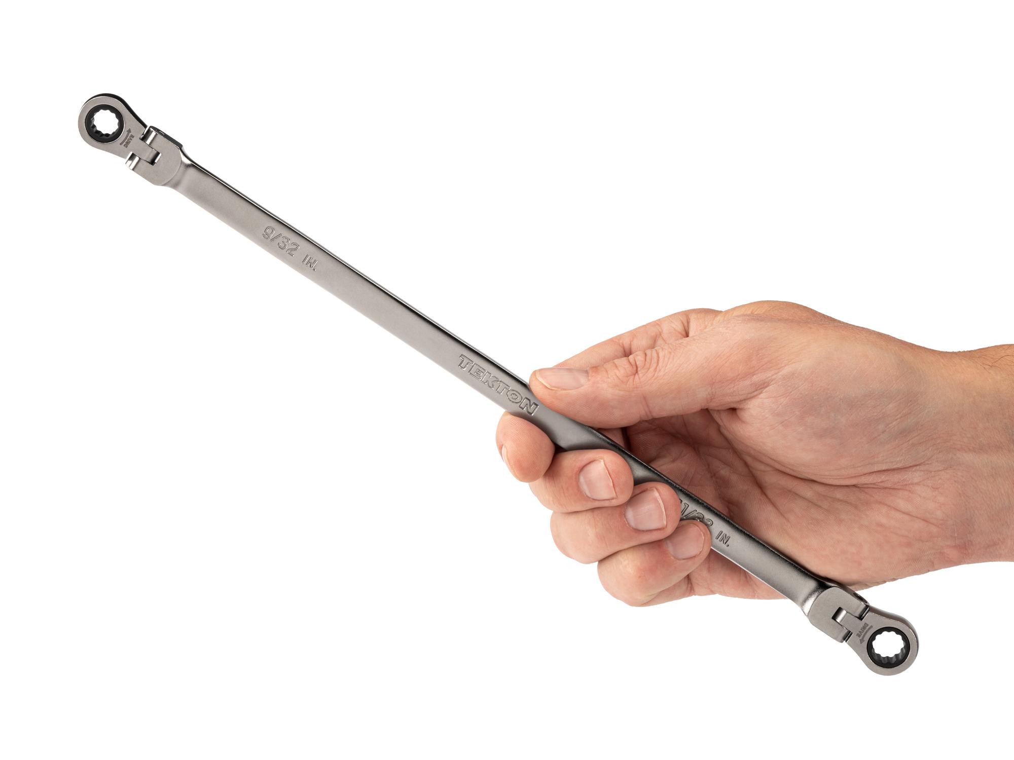 Person holding Tekton ratcheting box end wrench. Item #WRB36307