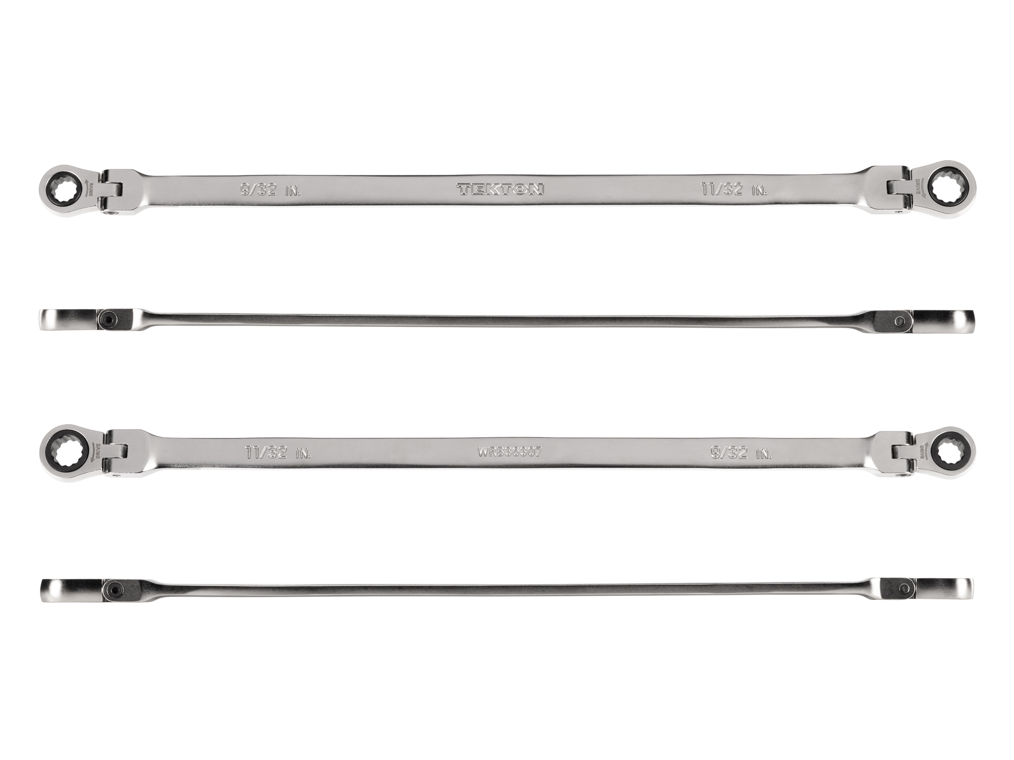 Individual double box end ratcheting wrench. Two 12-point box ends flex 180 degrees and use a 72-tooth ratchet gear. Smooth, satin chrome finish. WRB36307.