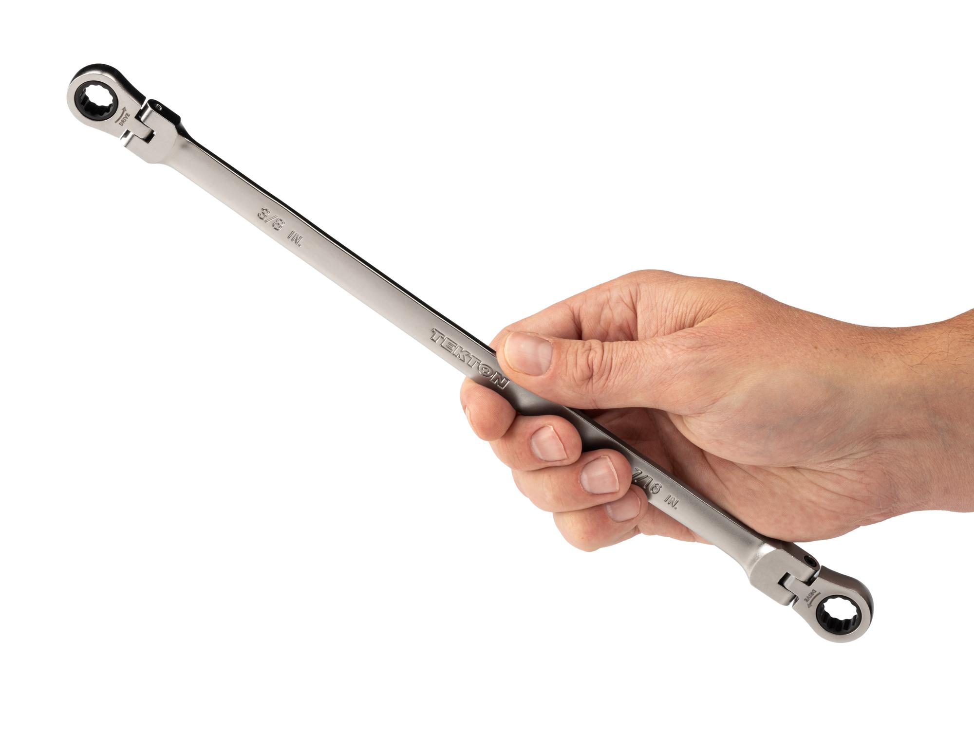 Person holding Tekton ratcheting box end wrench. Item #WRB36310