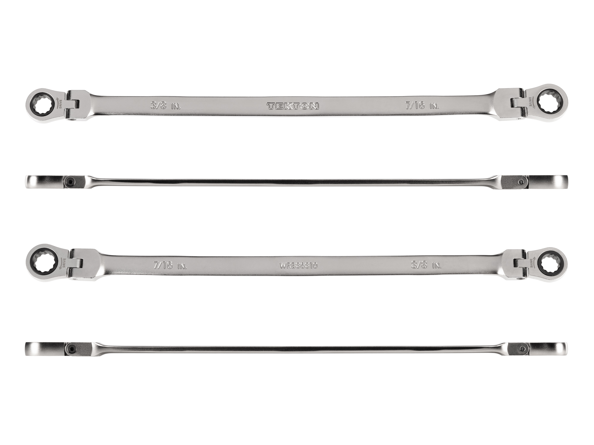 Individual double box end ratcheting wrench. Two 12-point box ends flex 180 degrees and use a 72-tooth ratchet gear. Smooth, satin chrome finish. WRB36310.