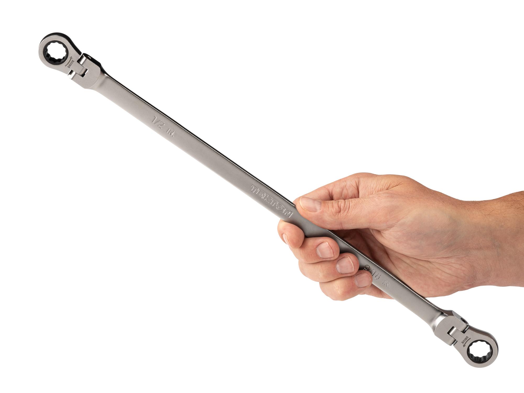 Person holding Tekton ratcheting box end wrench. Item #WRB36313