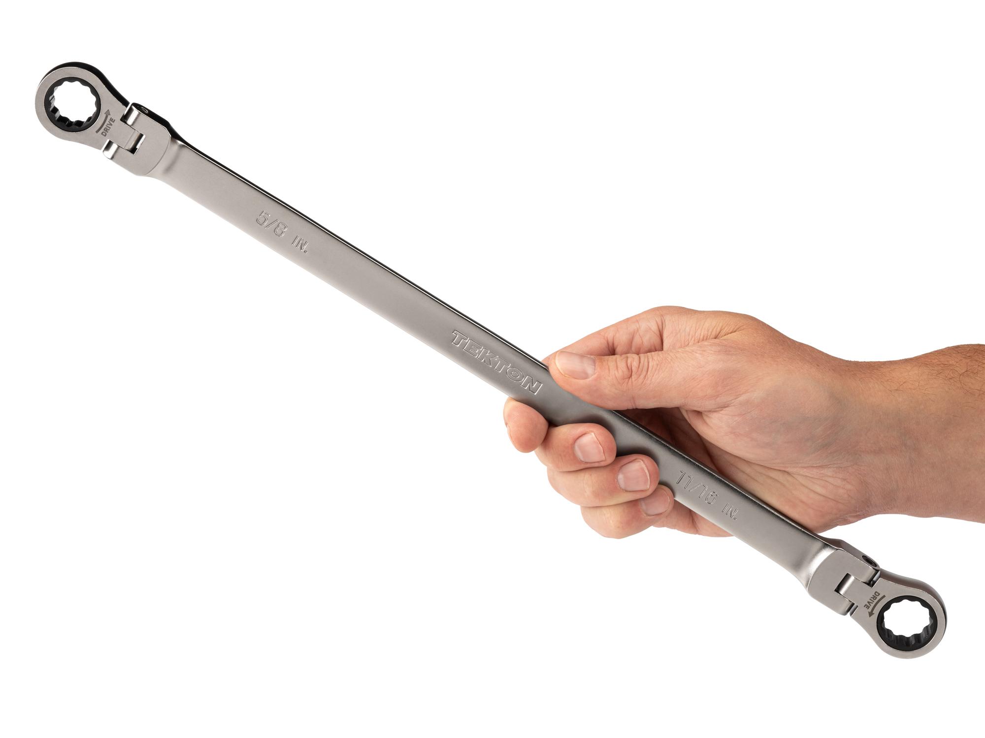 Person holding Tekton ratcheting box end wrench. Item #WRB36316