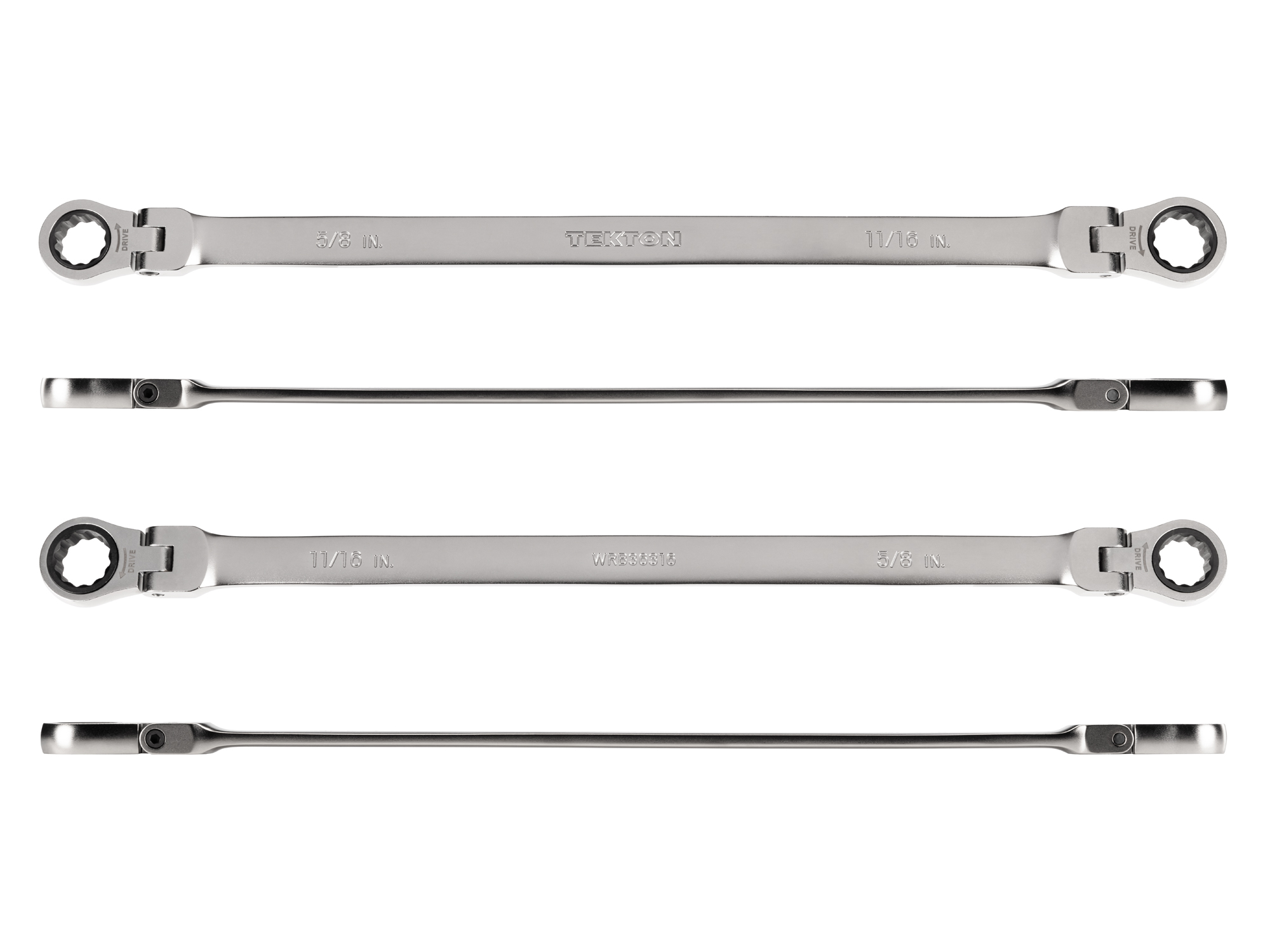 Individual double box end ratcheting wrench. Two 12-point box ends flex 180 degrees and use a 72-tooth ratchet gear. Smooth, satin chrome finish. WRB36316.