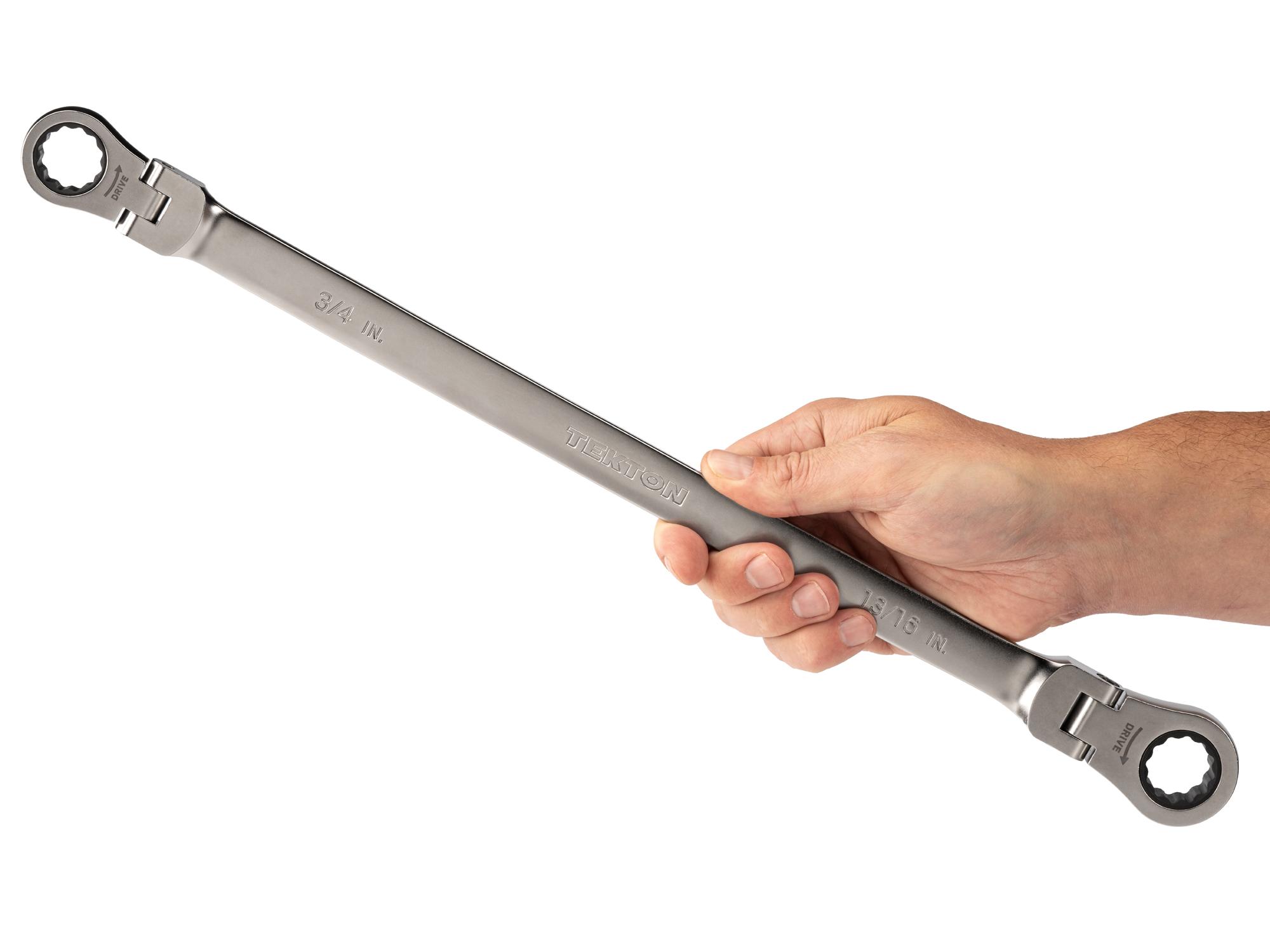 Person holding Tekton ratcheting box end wrench. Item #WRB36319