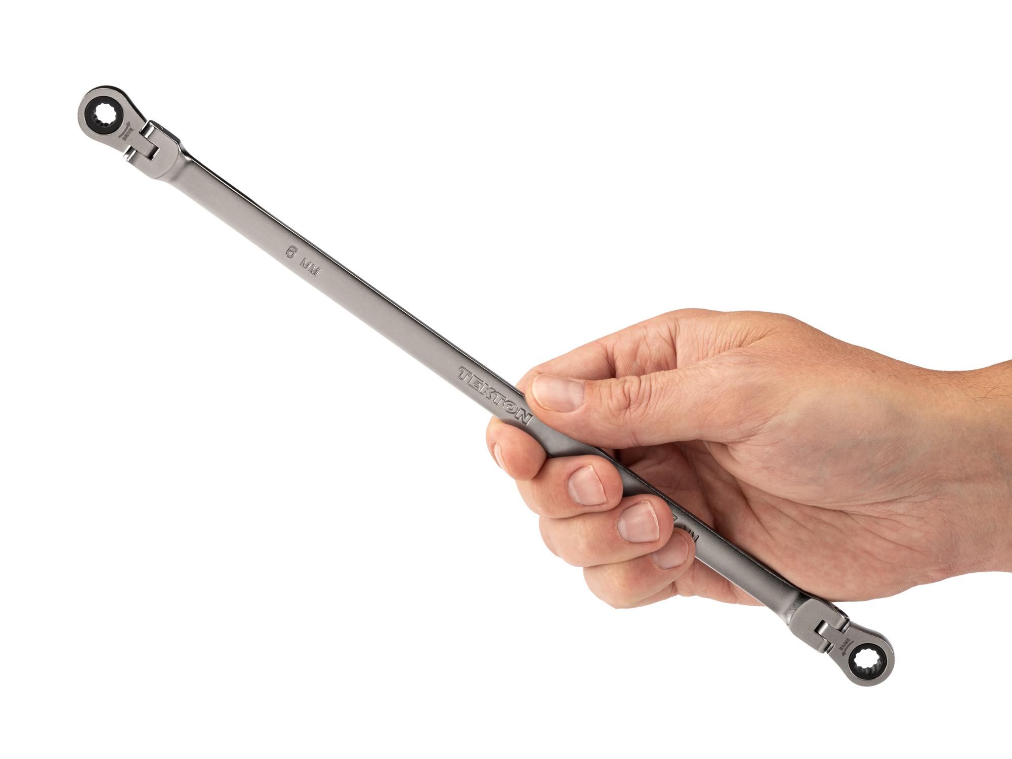 Person holding Tekton ratcheting box end wrench. Item #WRB36406