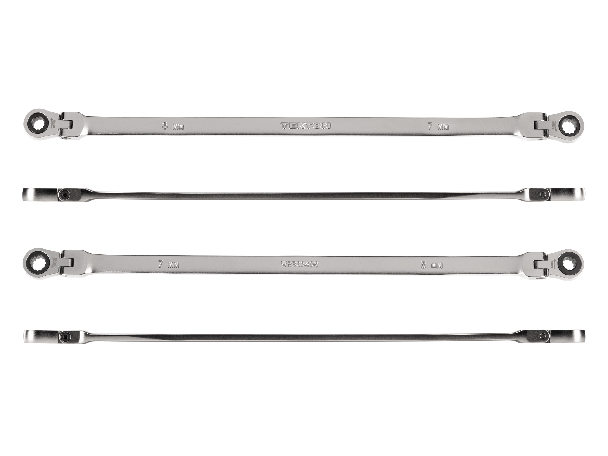 Individual double box end ratcheting wrench. Two 12-point box ends flex 180 degrees and use a 72-tooth ratchet gear. Smooth, satin chrome finish. WRB36406.