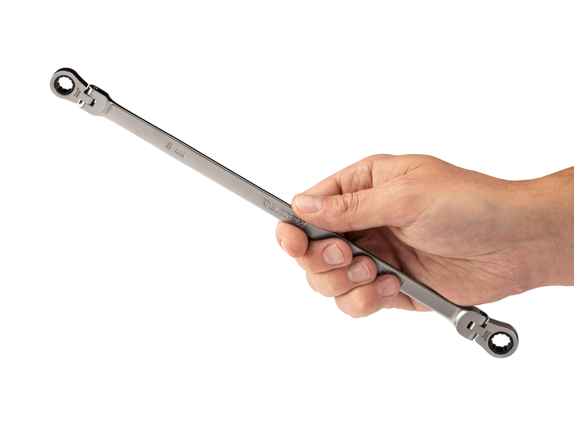 Individual double box end ratcheting wrench. Two 12-point box ends flex 180 degrees and use a 72-tooth ratchet gear. Smooth, satin chrome finish. WRB36408.