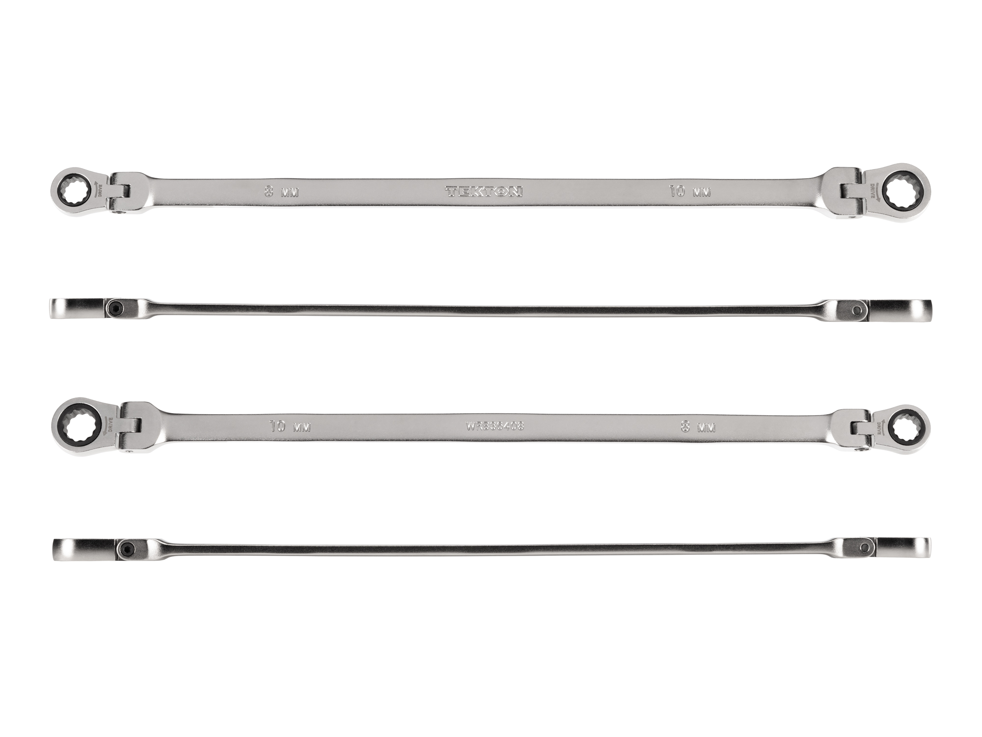 Individual double box end ratcheting wrench. Two 12-point box ends flex 180 degrees and use a 72-tooth ratchet gear. Smooth, satin chrome finish. WRB36408.