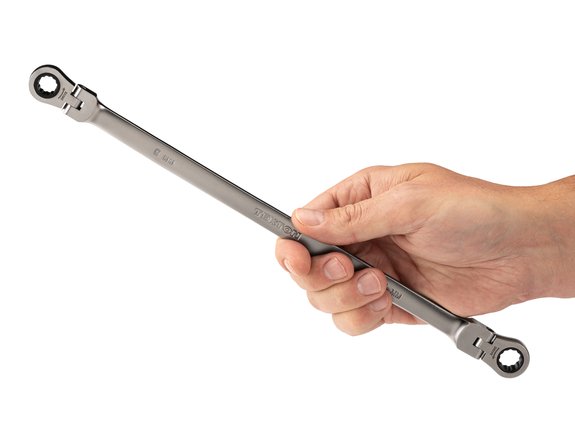 Individual double box end ratcheting wrench. Two 12-point box ends flex 180 degrees and use a 72-tooth ratchet gear. Smooth, satin chrome finish. WRB36409.