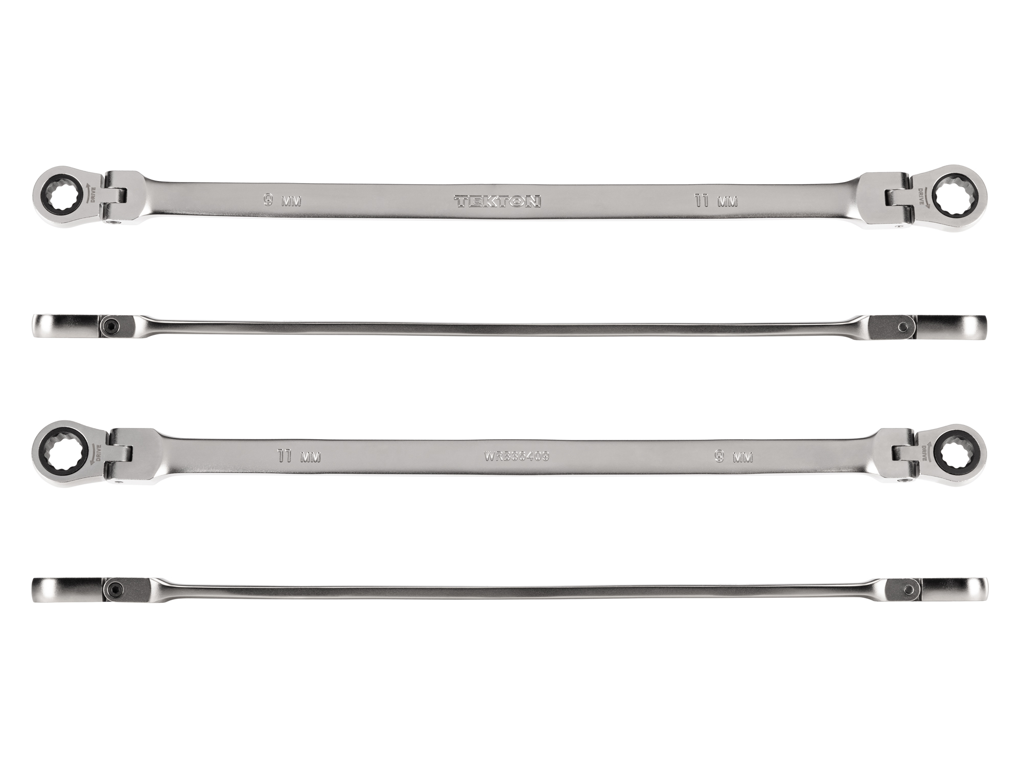 Individual double box end ratcheting wrench. Two 12-point box ends flex 180 degrees and use a 72-tooth ratchet gear. Smooth, satin chrome finish. WRB36409.