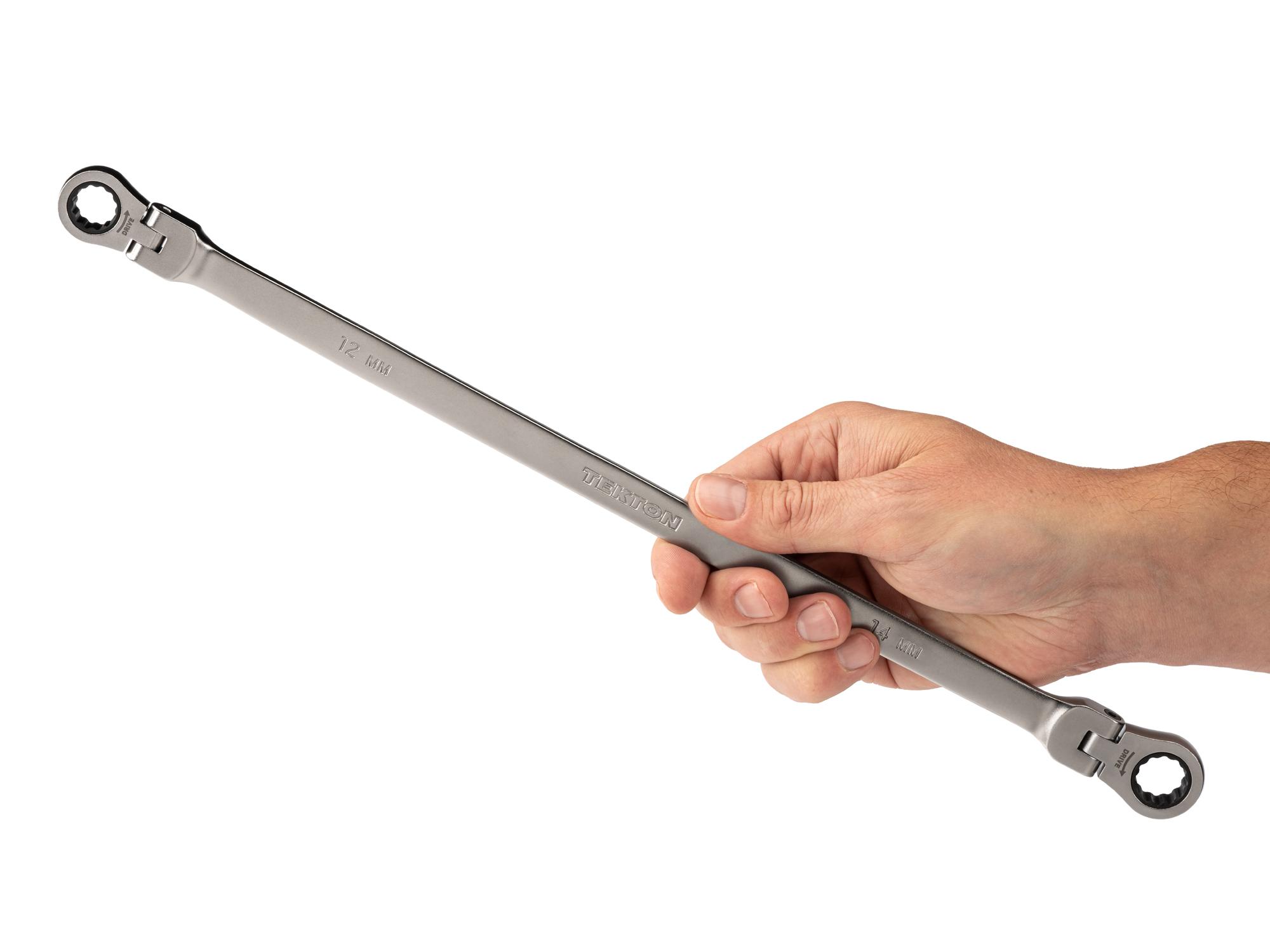 Person holding Tekton ratcheting box end wrench. Item #WRB36412
