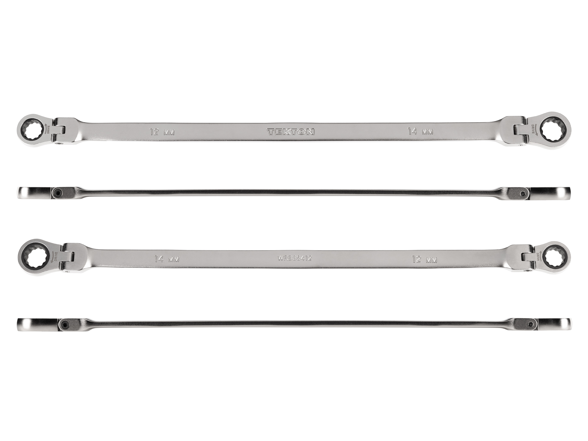 Individual double box end ratcheting wrench. Two 12-point box ends flex 180 degrees and use a 72-tooth ratchet gear. Smooth, satin chrome finish. WRB36412.