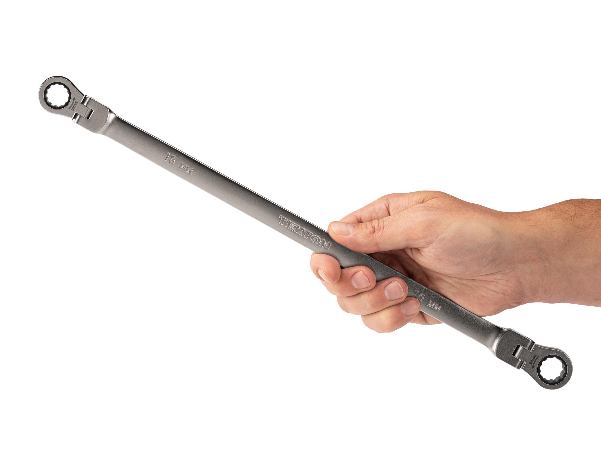 Person holding Tekton ratcheting box end wrench. Item #WRB36413