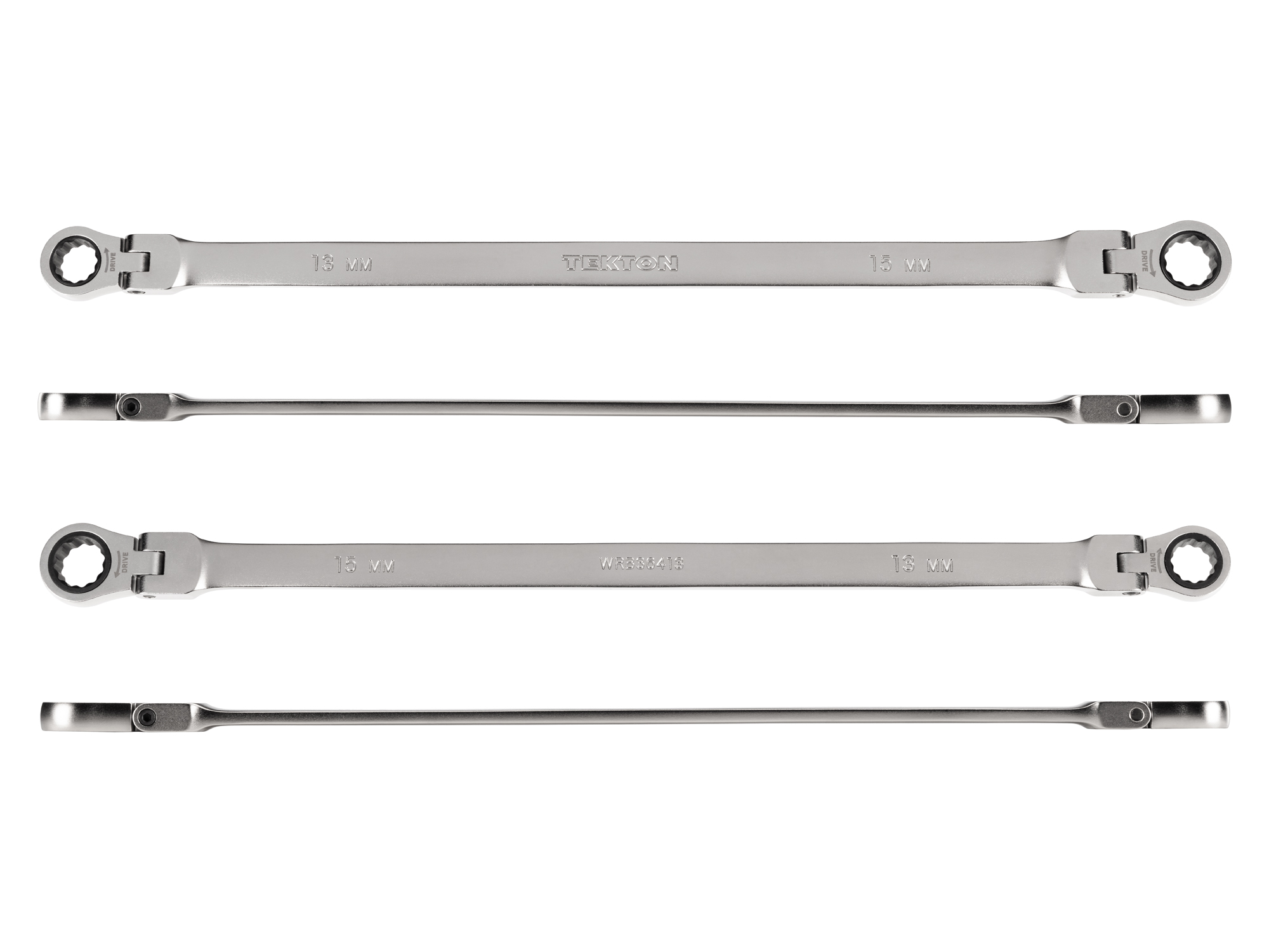 Individual double box end ratcheting wrench. Two 12-point box ends flex 180 degrees and use a 72-tooth ratchet gear. Smooth, satin chrome finish. WRB36413.