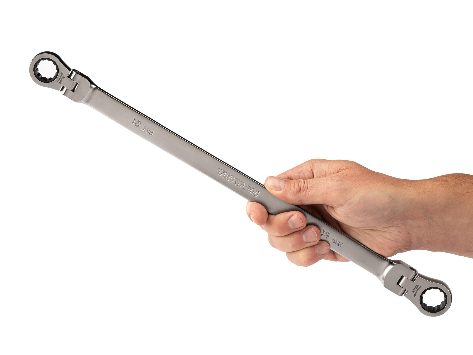 Person holding Tekton ratcheting box end wrench. Item #WRB36416