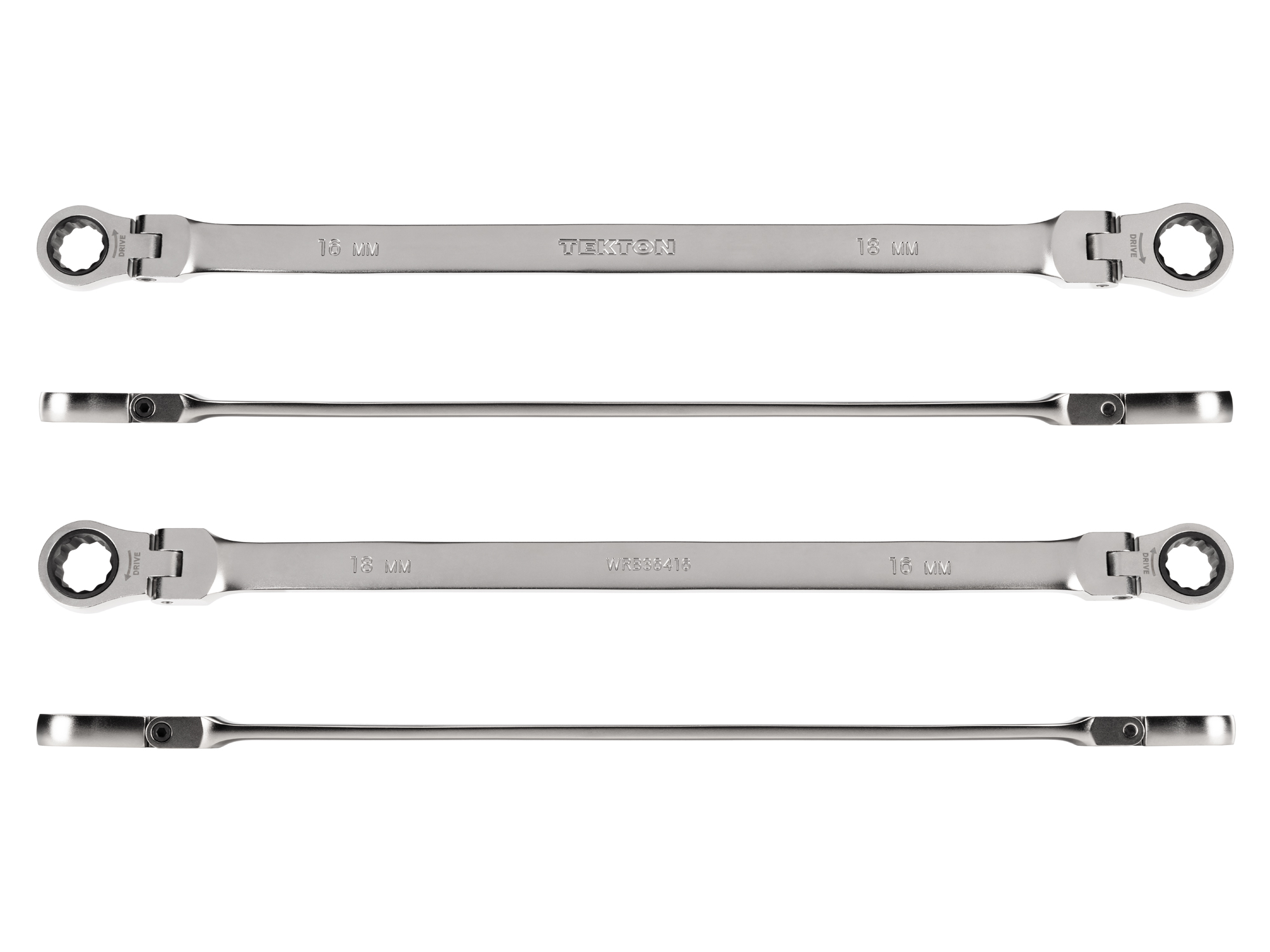 Individual double box end ratcheting wrench. Two 12-point box ends flex 180 degrees and use a 72-tooth ratchet gear. Smooth, satin chrome finish. WRB36416.