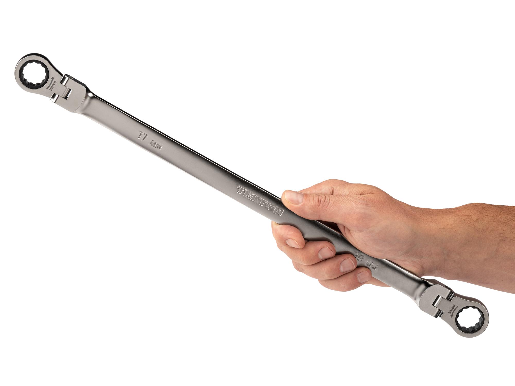 Person holding Tekton ratcheting box end wrench. Item #WRB36417