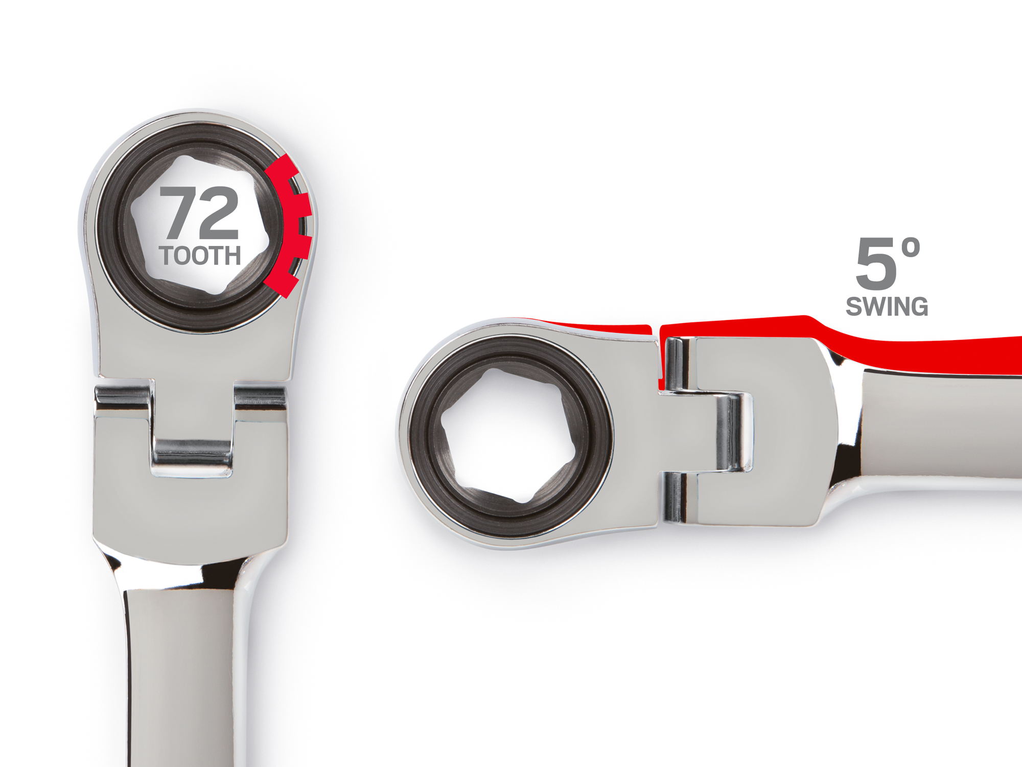 Double box end ratcheting wrench. 72-tooth gears, 6-point box ends, and 180-degree flex heads. WRN76003.