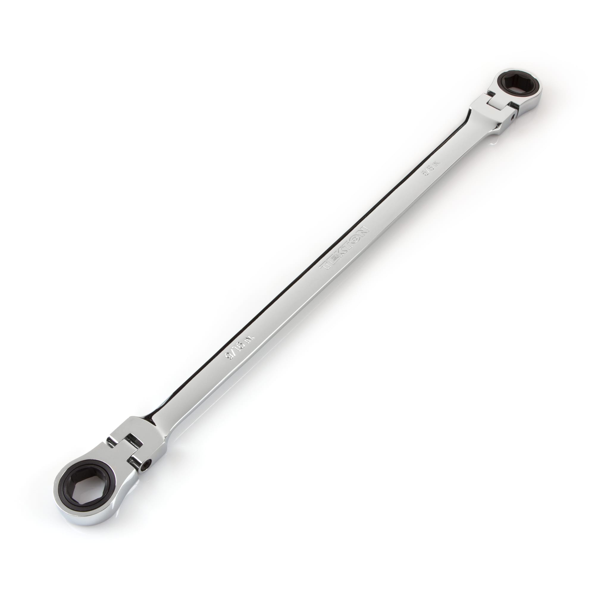 Extra long double box end ratcheting wrench for extended reach and high leverage. 72-tooth gears, 6-point box ends, and 180-degree flex heads. WRN77007.