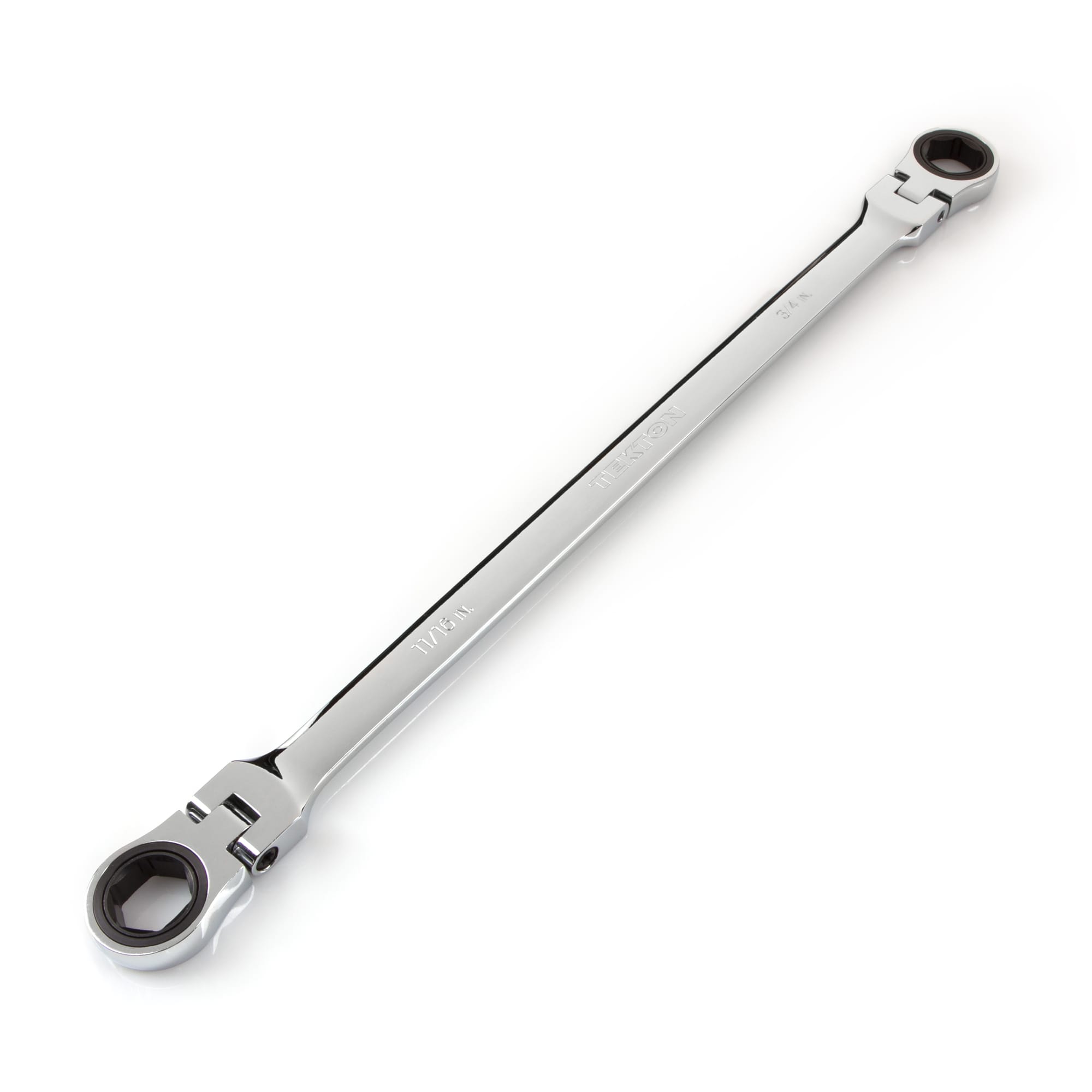 Extra long double box end ratcheting wrench for extended reach and high leverage. 72-tooth gears, 6-point box ends, and 180-degree flex heads. WRN77009.