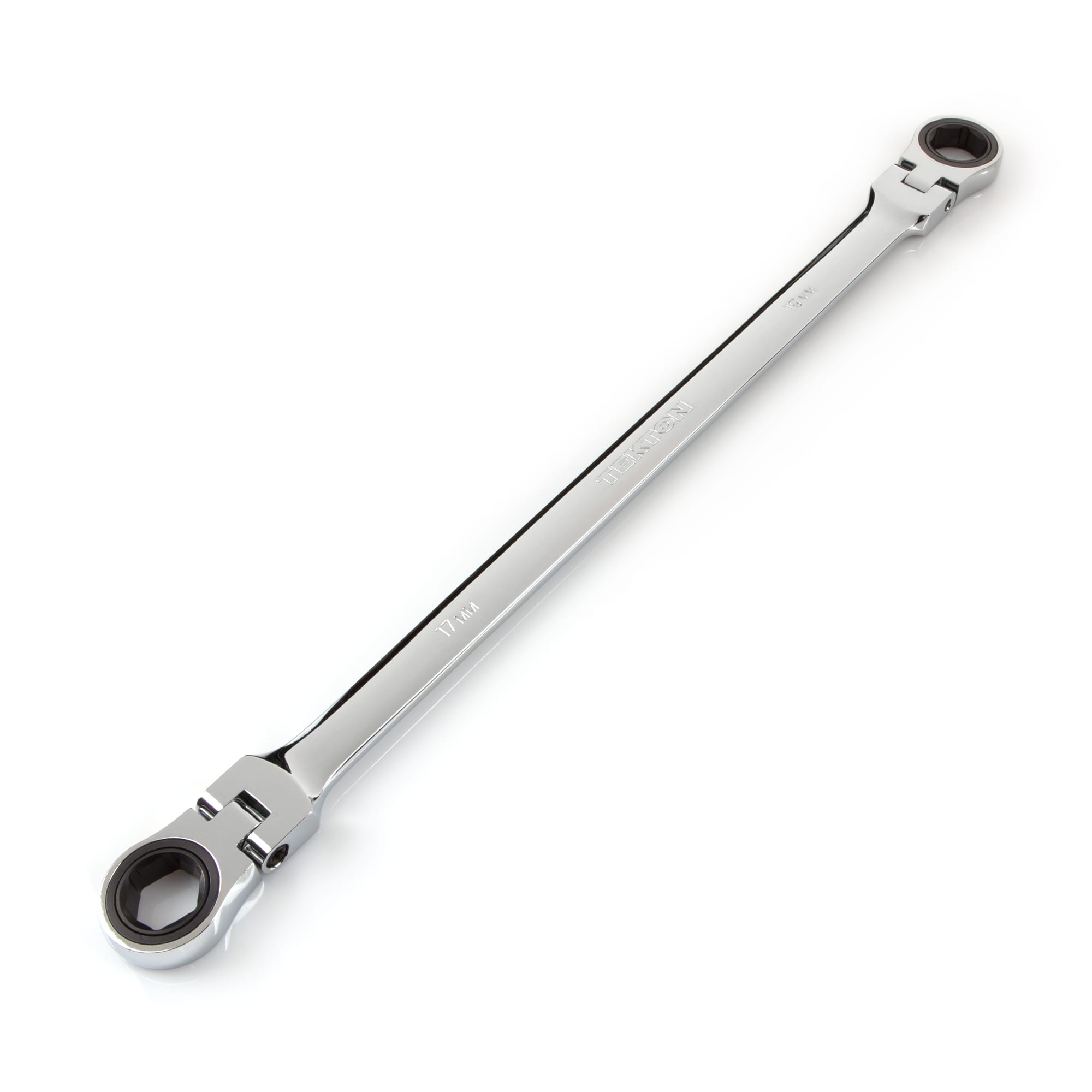 Extra long double box end ratcheting wrench for extended reach and high leverage. 72-tooth gears, 6-point box ends, and 180-degree flex heads. WRN77113.