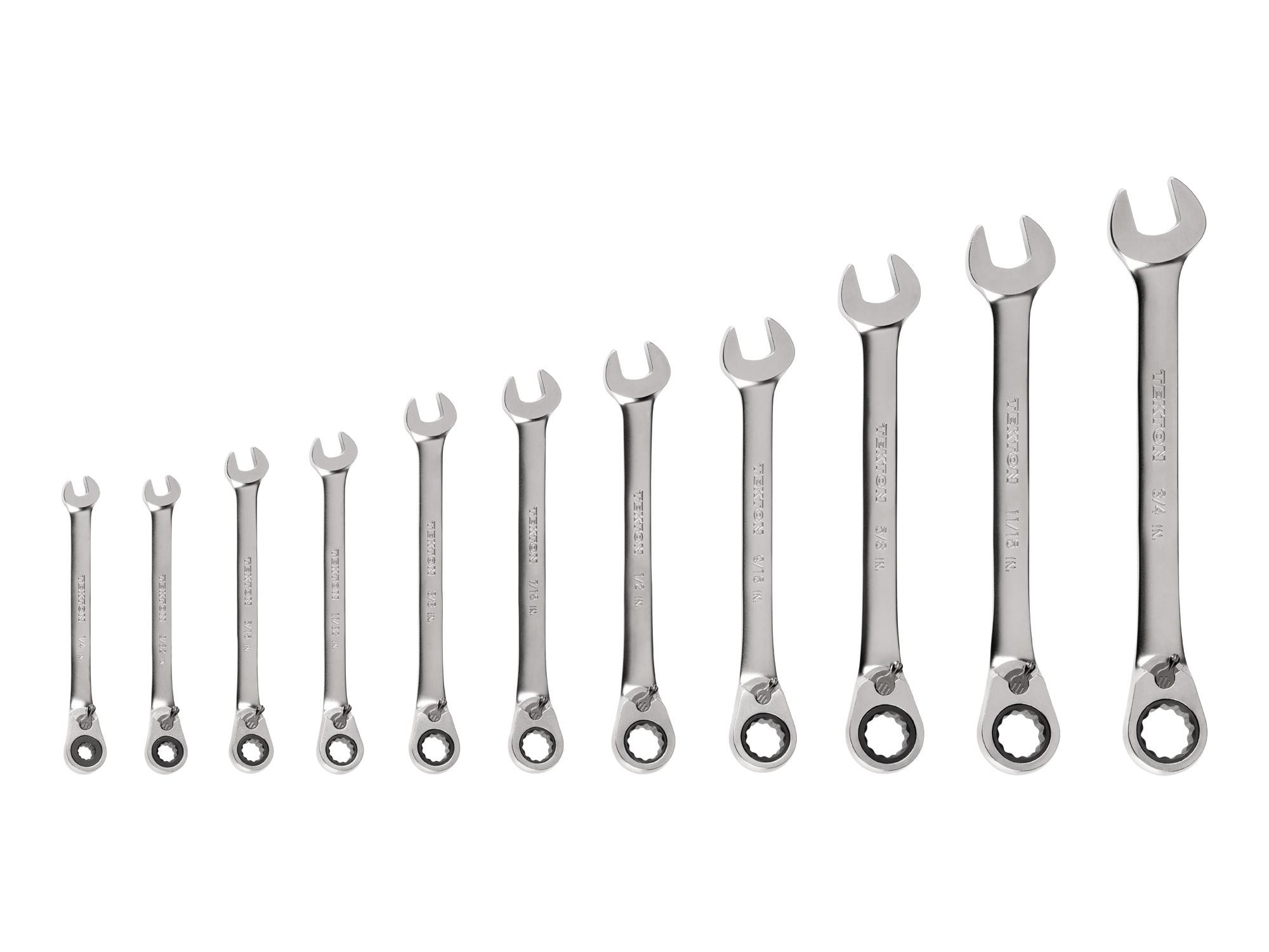 Front view of Tekton ratcheting combination wrench set. Item #WRC94000