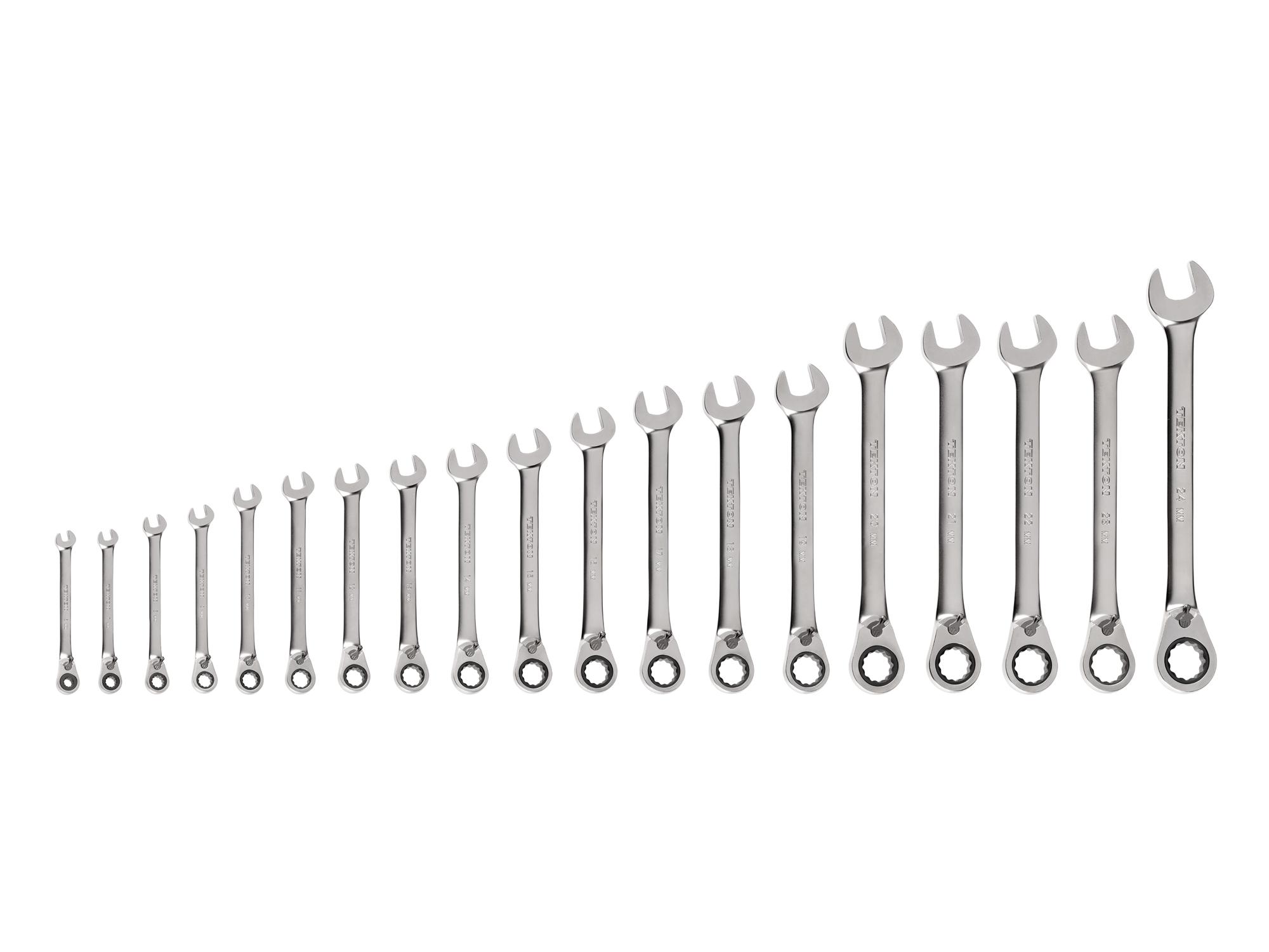 Front view of Tekton ratcheting combination wrench set. Item #WRC94003