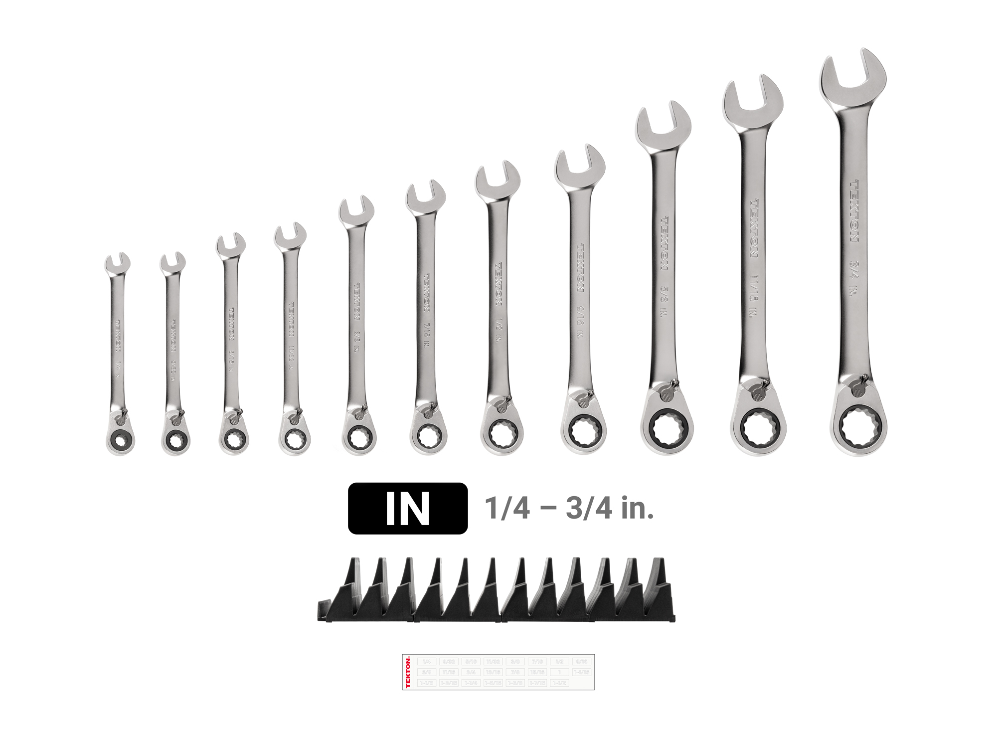 Set includes 1/4 - 3/4 inch (SAE) reversible 12-point ratcheting combination wrenches with modular wrench organizer. No skipped sizes. WRC94300.