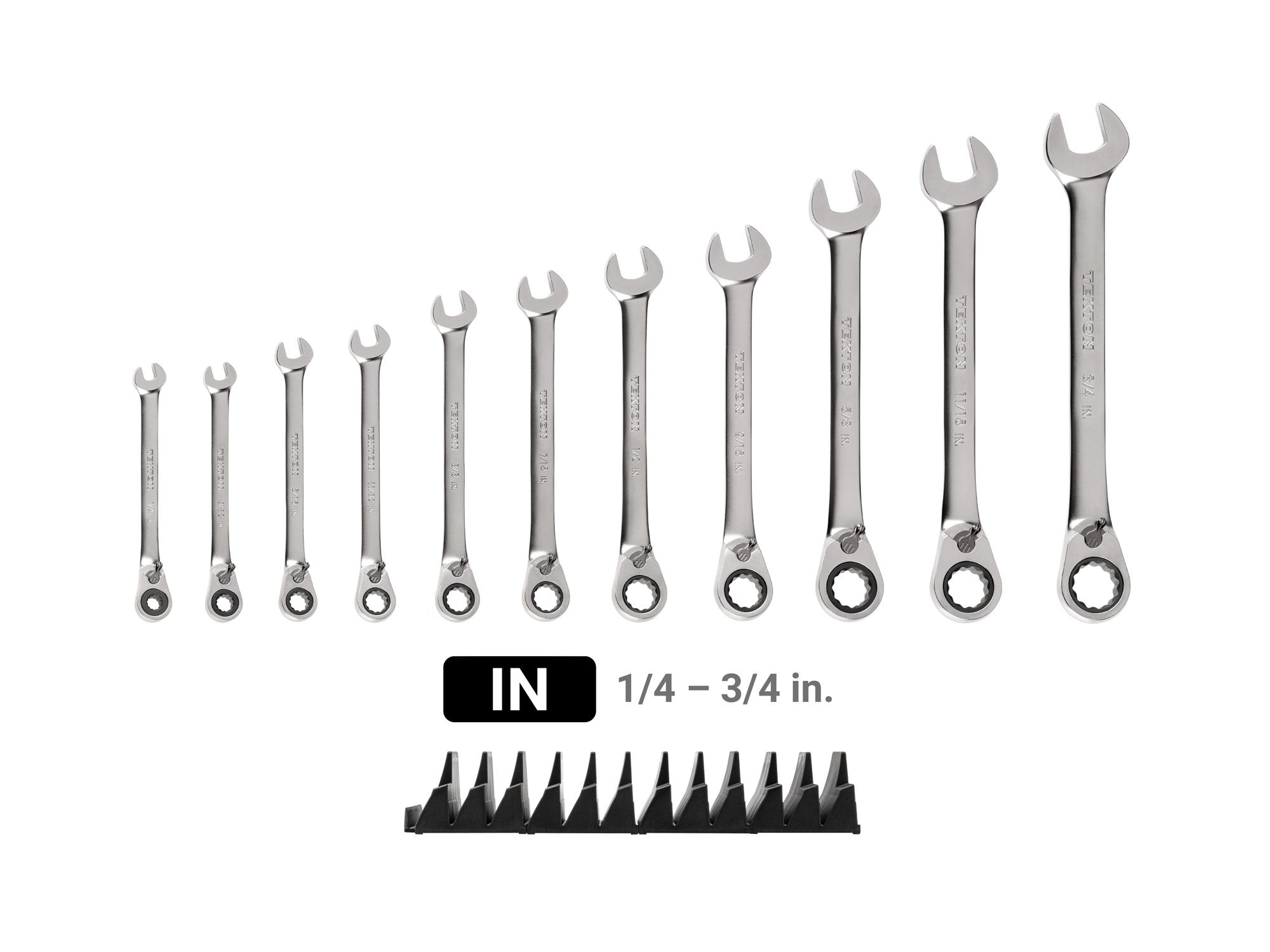Laid out contents of Tekton modular ratcheting combination wrench set. Item #WRC94300