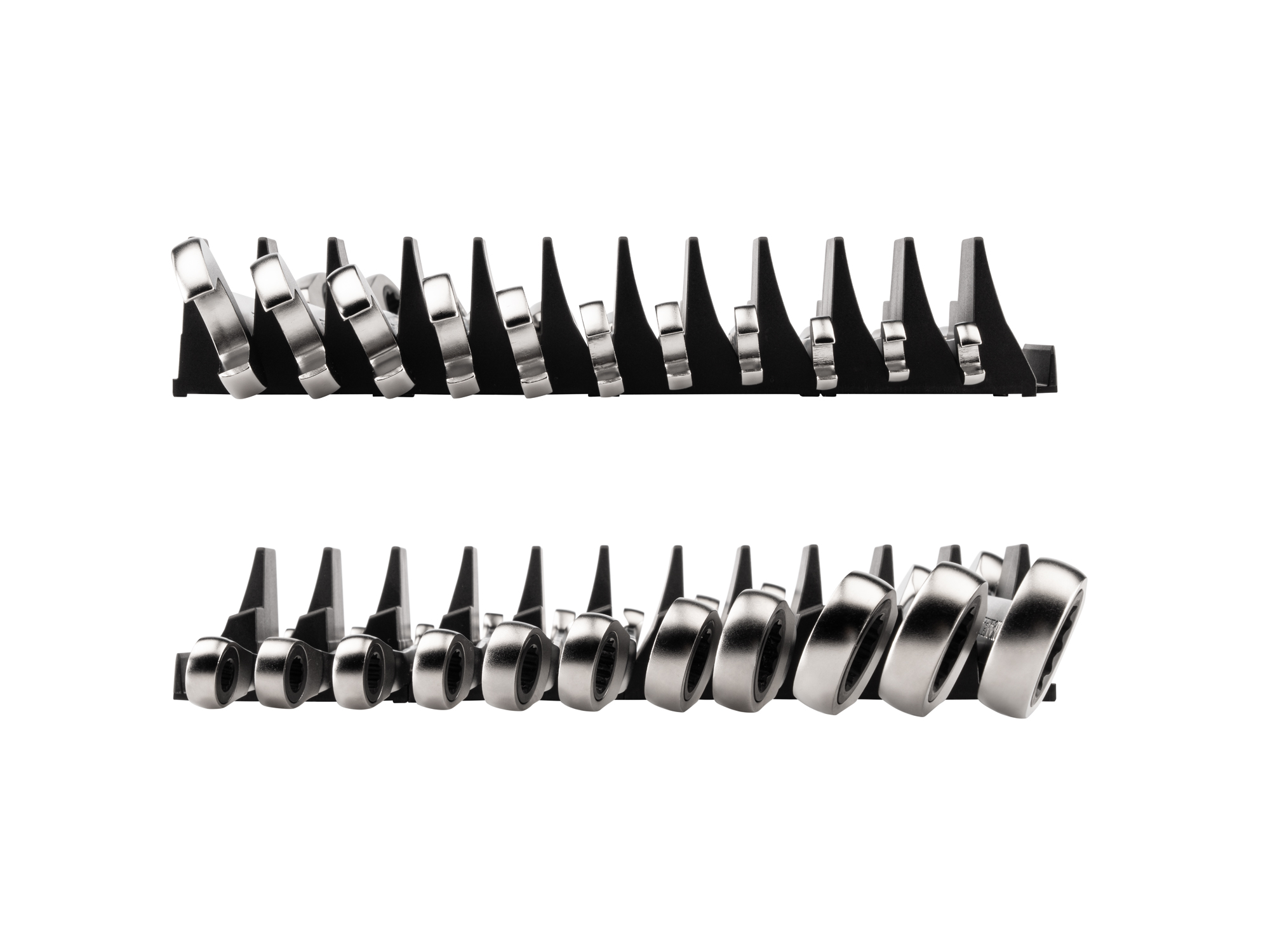 Left and right views of 11-piece inch ratcheting combination wrench set in a black modular