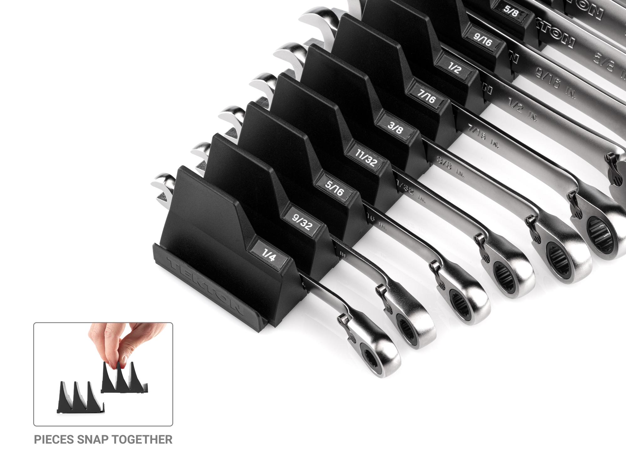 Tekton ratcheting combination wrench set shown in a modular slotted organization option. Item #WRC94300