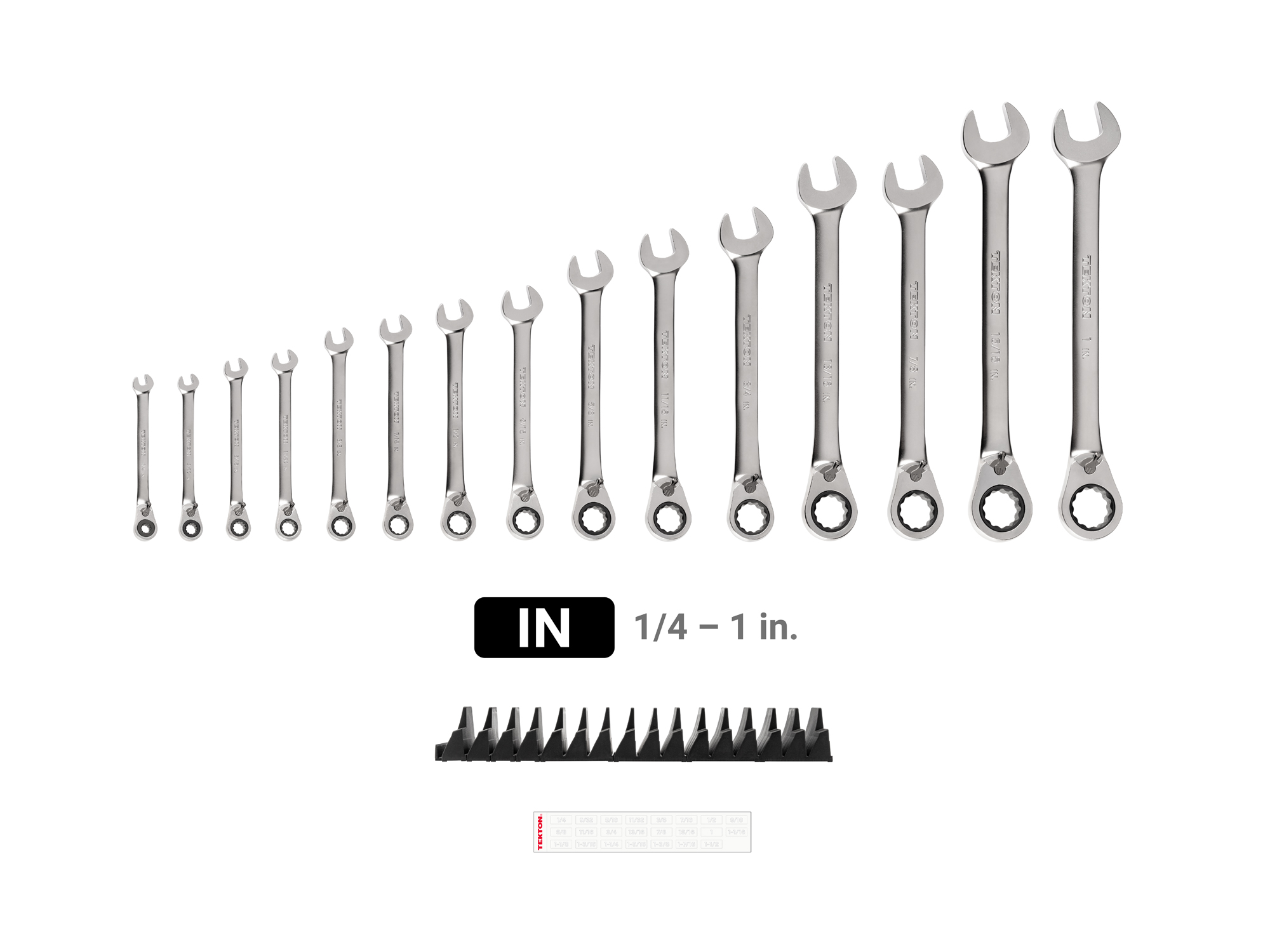 Set includes 1/4 - 1 inch (SAE) reversible 12-point ratcheting combination wrenches with modular wrench organizer. No skipped sizes. WRC94301.