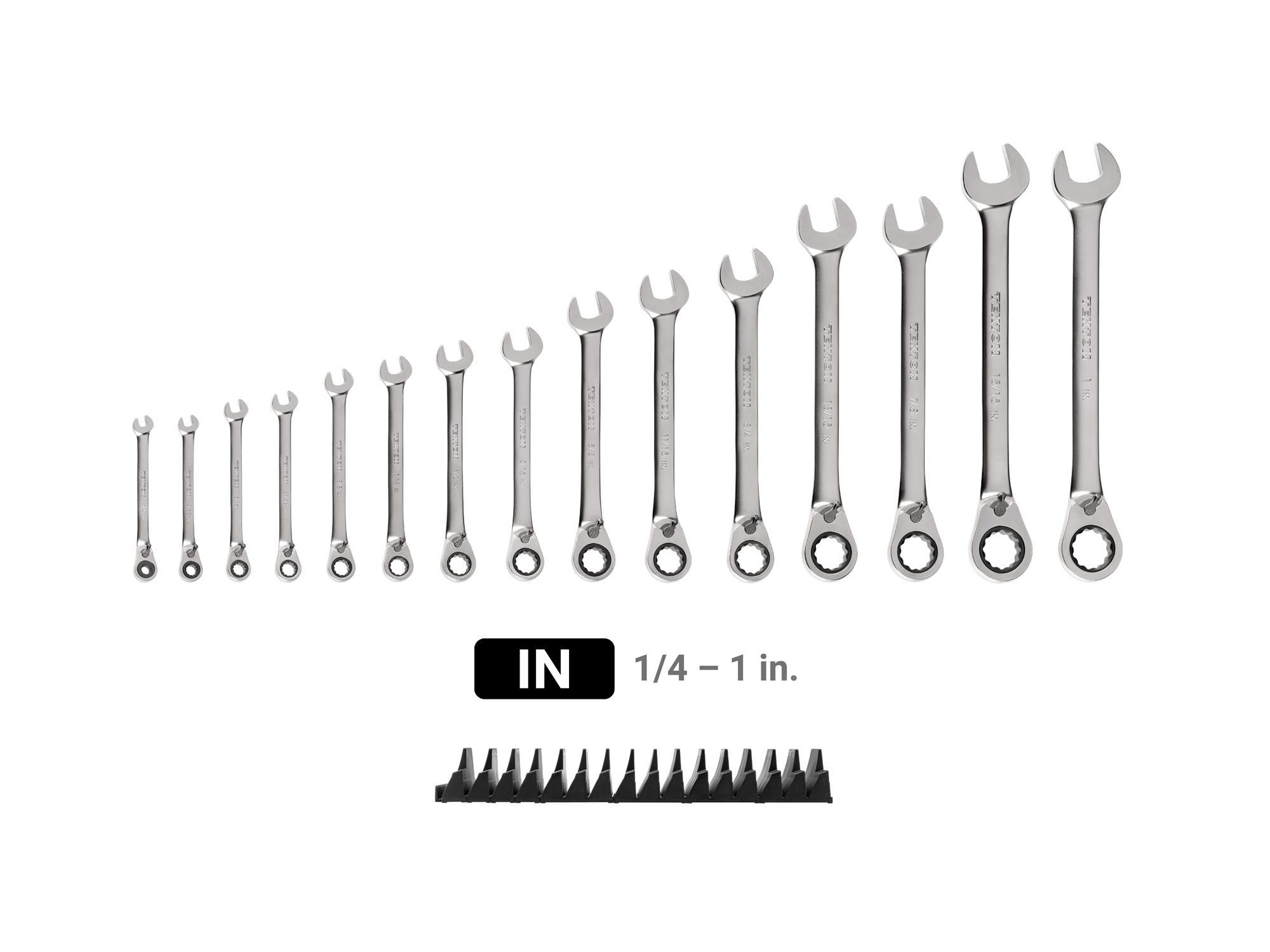 Laid out contents of Tekton modular ratcheting combination wrench set. Item #WRC94301