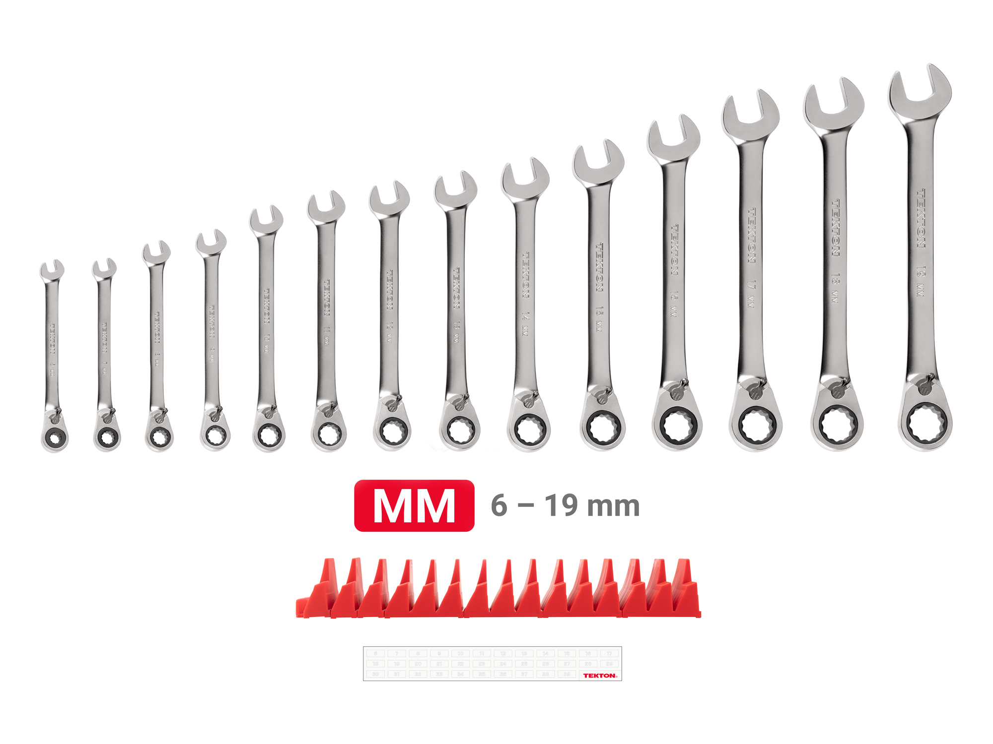 Set includes 6 - 19 mm (metric) reversible 12-point ratcheting combination wrenches with modular wrench organizer. No skipped sizes. WRC94302.