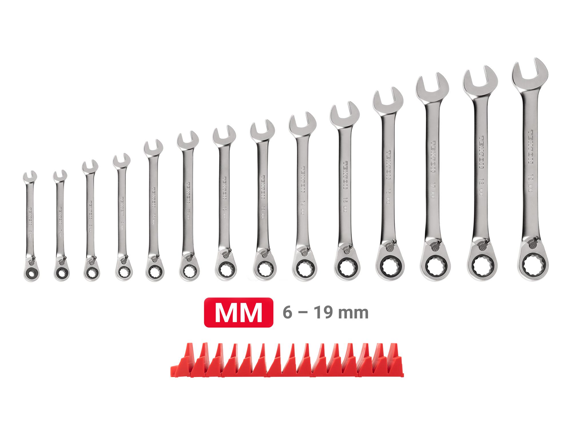 Laid out contents of Tekton modular ratcheting combination wrench set. Item #WRC94302