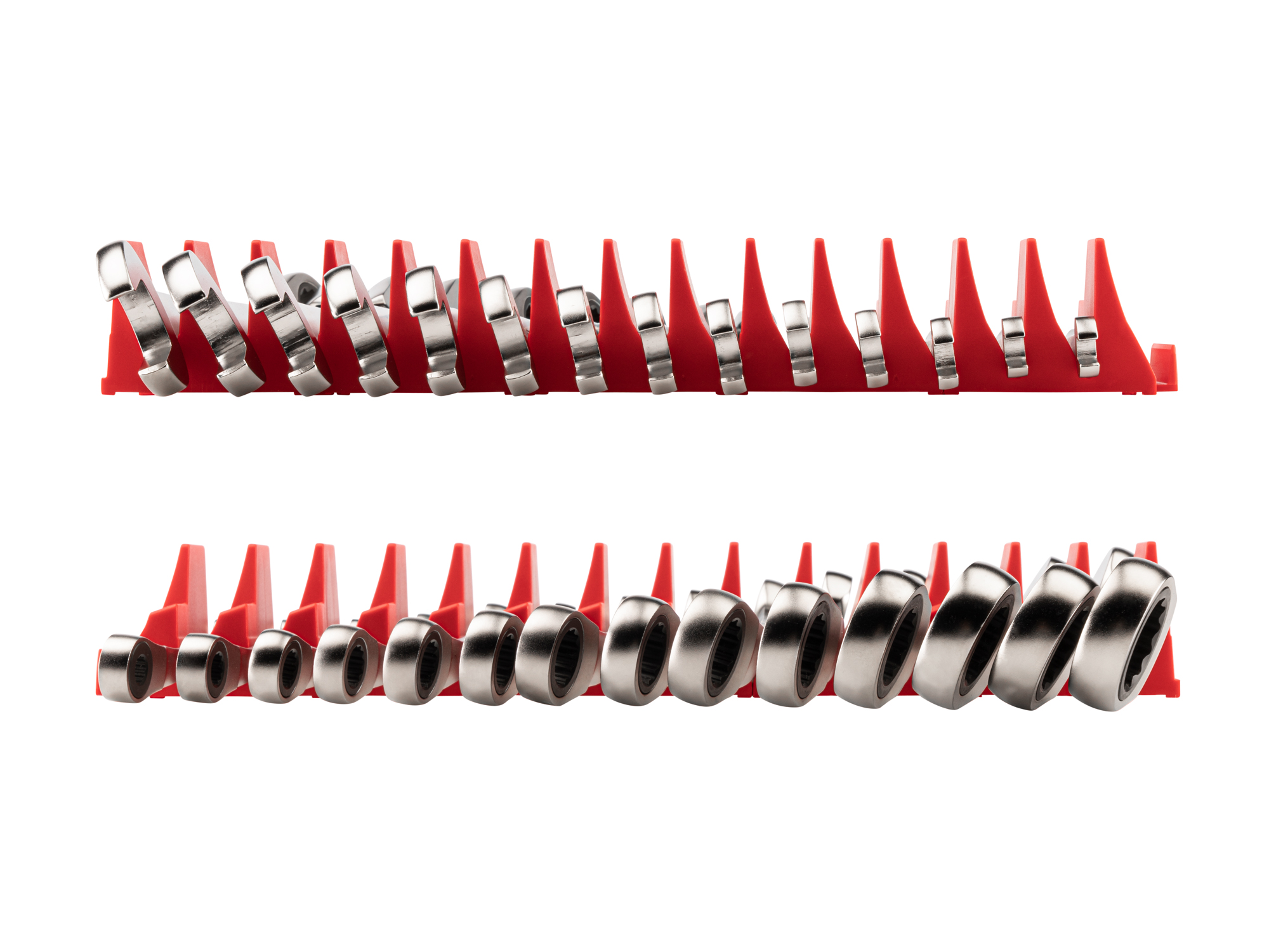 Left and right views of 14-piece metric ratcheting combination wrench set in a red modular