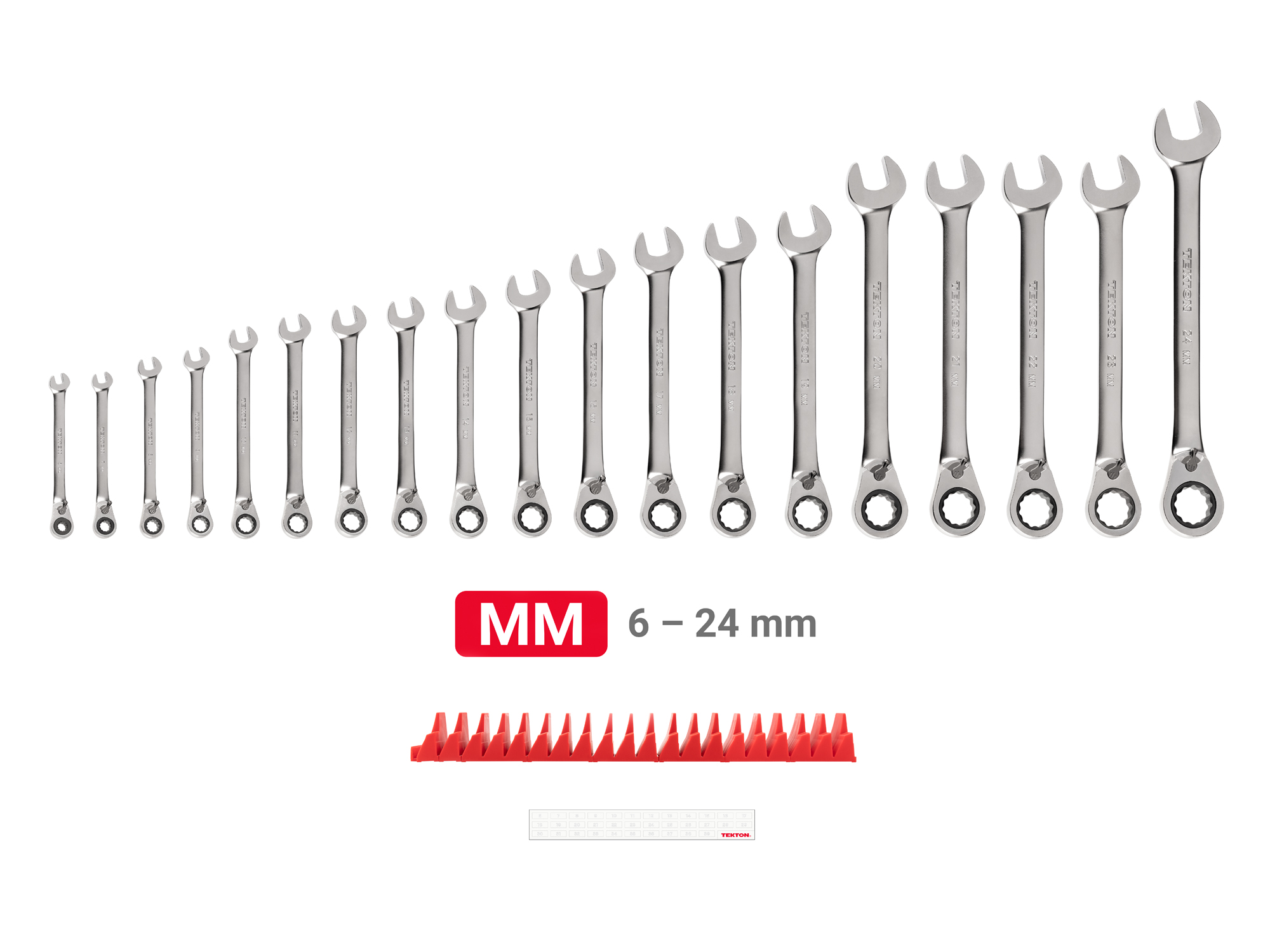 Set includes 6 - 24 mm (metric) reversible 12-point ratcheting combination wrenches with modular wrench organizer. No skipped sizes. WRC94303.